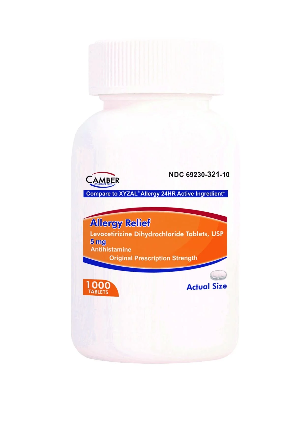 Camber Consumer Care Levocetirizine Dihydrochloride 5mg Antihistamine Tablets, 24 Hour Allergy Relief Medicine (1000 Count) Family Pack