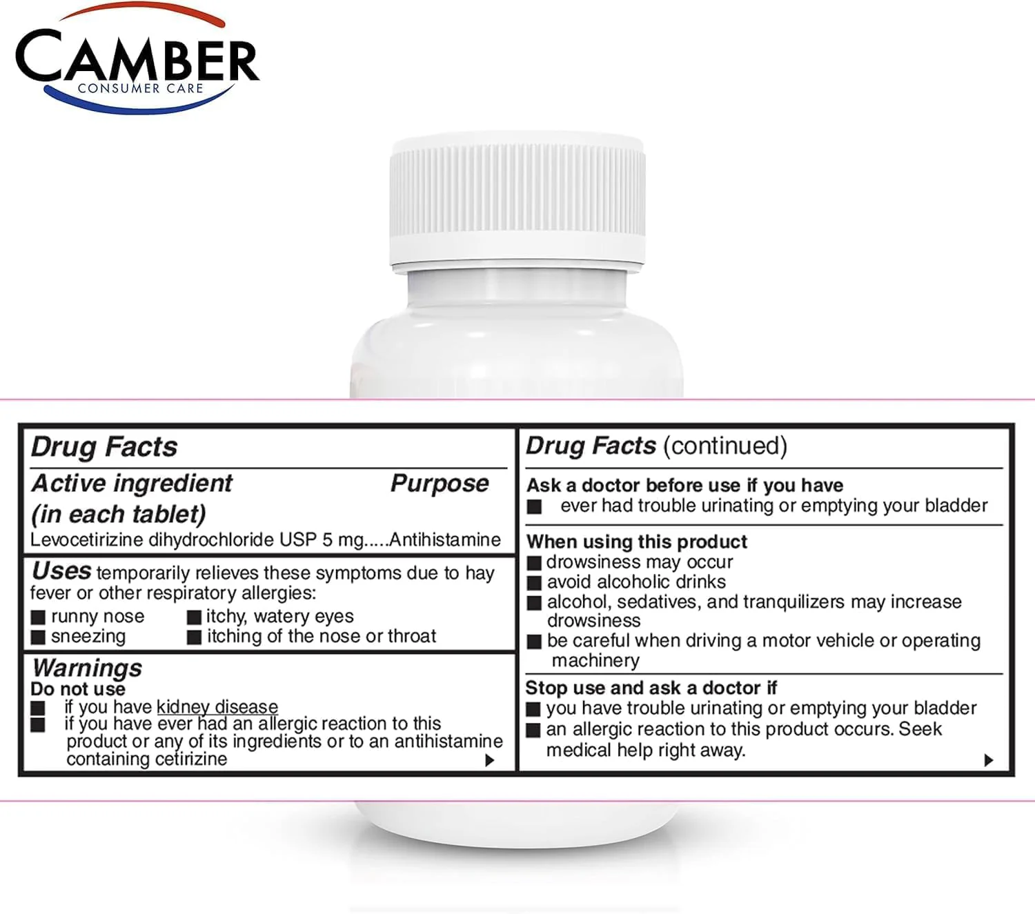 Camber Consumer Care Levocetirizine Dihydrochloride 5mg Antihistamine Tablets, 24 Hour Allergy Relief Medicine (1000 Count) Family Pack - Image 2