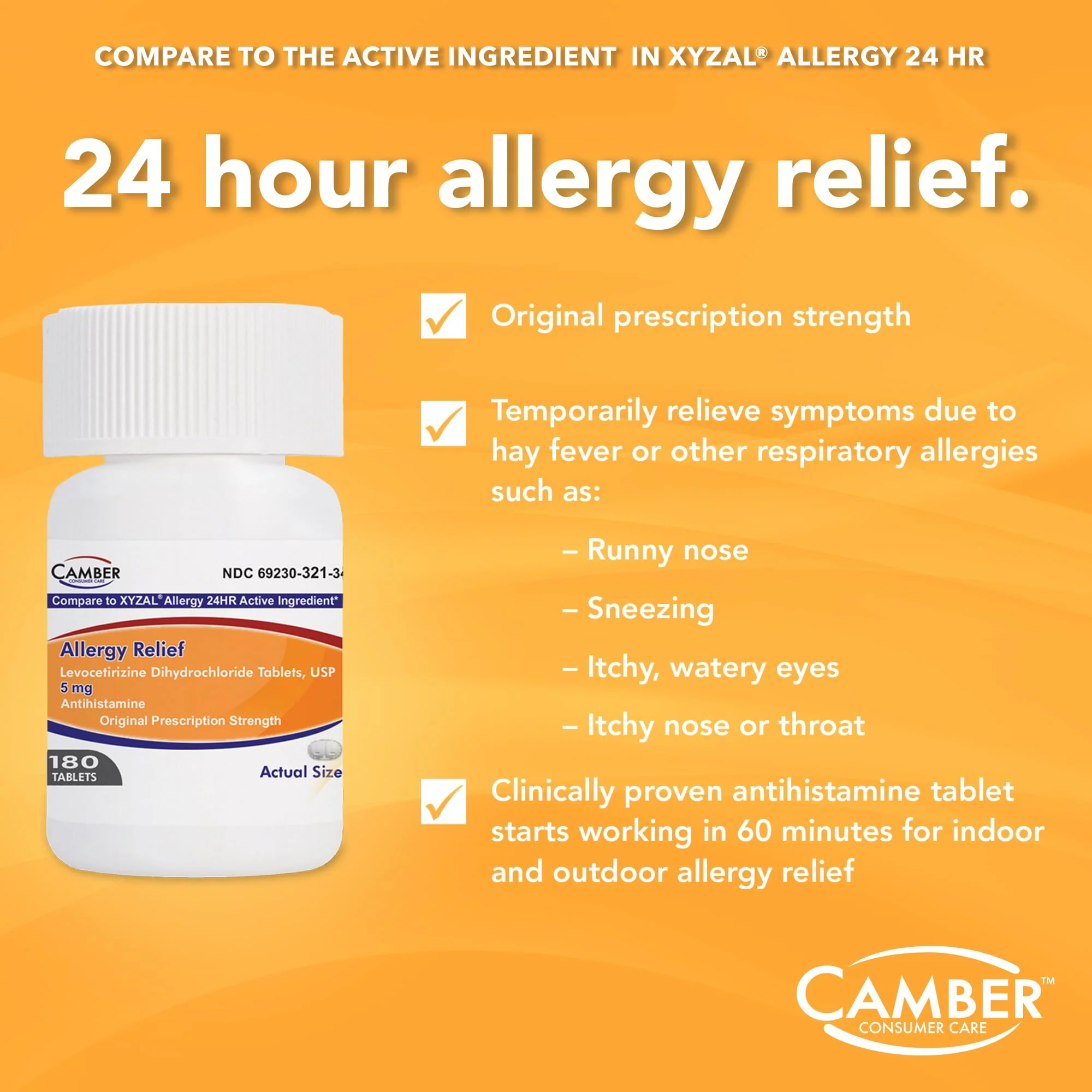 Camber Consumer Care Levocetirizine Dihydrochloride 5mg Antihistamine Tablets, 24 Hour Allergy Relief Medicine (1000 Count) Family Pack - Image 4