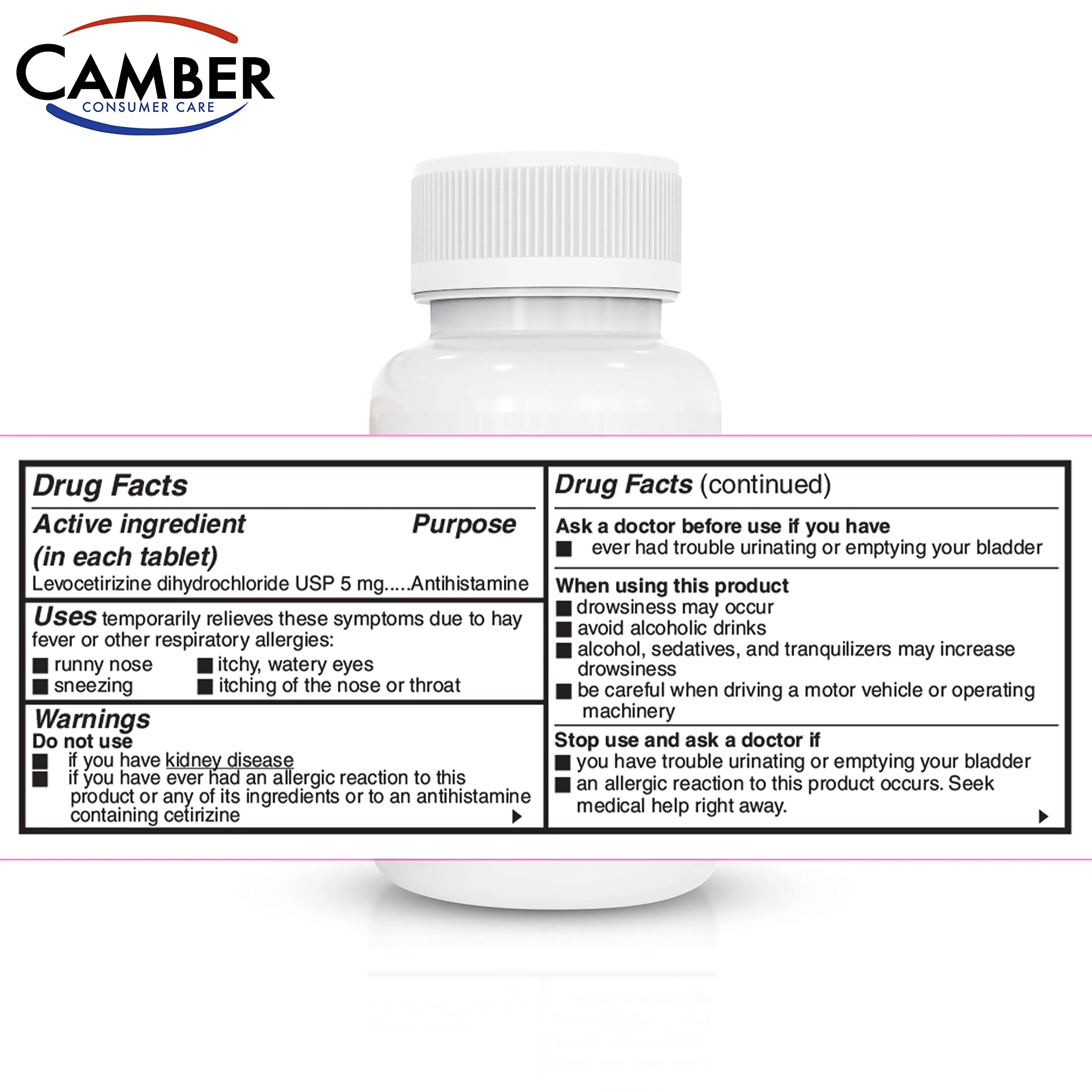 Camber Consumer Care Levocetirizine Dihydrochloride 5mg Antihistamine Tablets, Allergy Relief Medicine (180 Count) - Image 2
