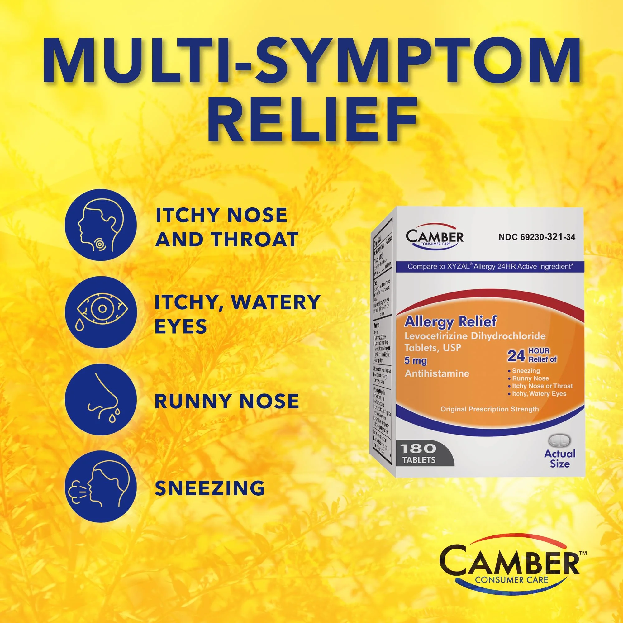 Camber Consumer Care Levocetirizine Dihydrochloride 5mg Antihistamine Tablets, Allergy Relief Medicine (180 Count) - Image 7