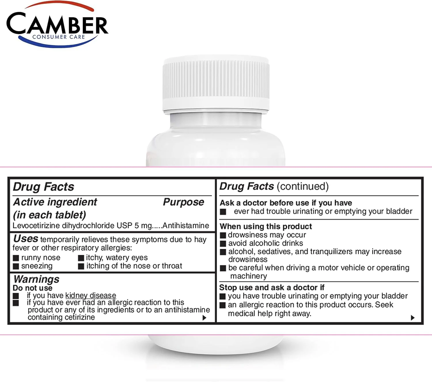 Camber Consumer Care Levocetirizine Dihydrochloride 5mg Antihistamine Tablets, Compare to Xyzal Active Ingredient, Allergy Relief Medicine (80 Count) - Image 2