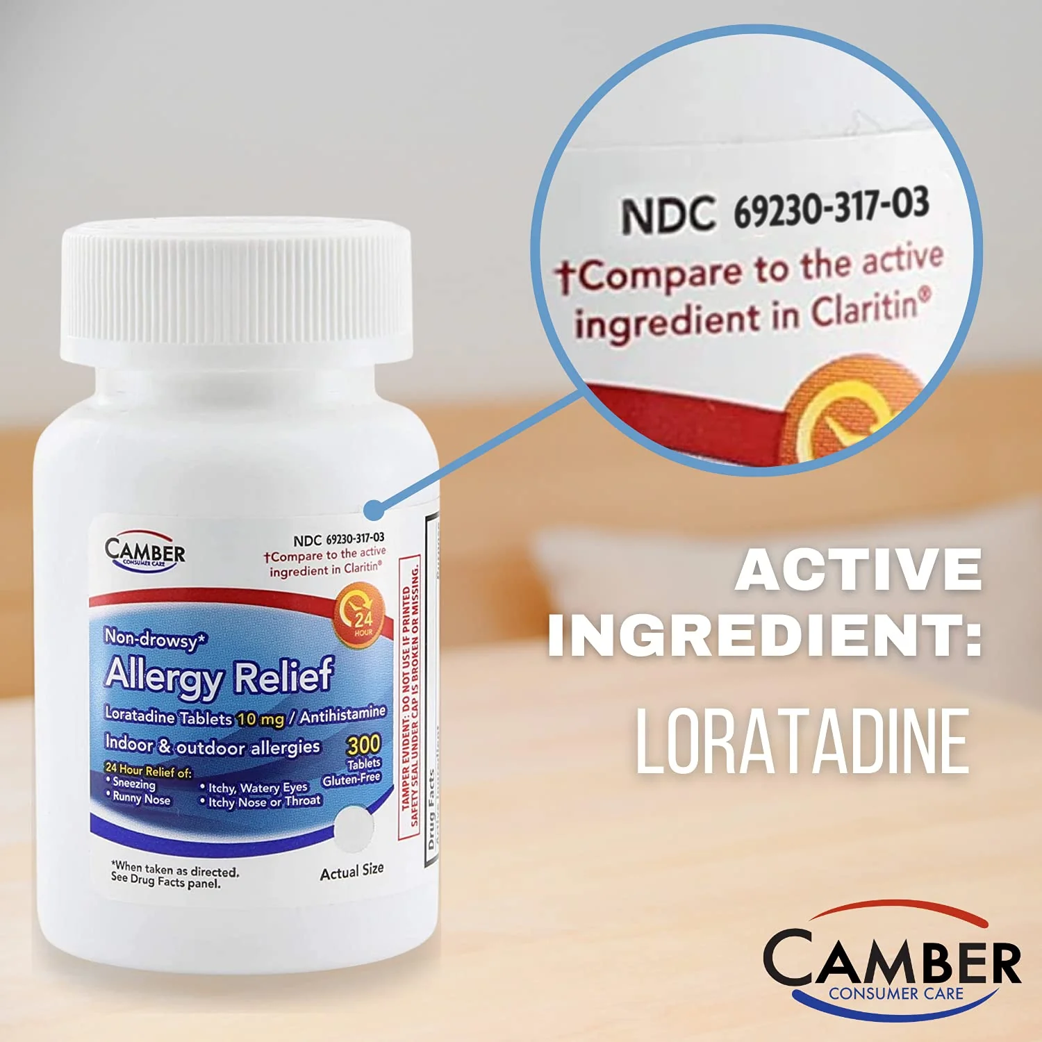 Camber Consumer Care Loratadine 10mg Allergy Pills, Antihistamine 24 Hour, Non Drowsy Allergy Relief (300 Tablets) - Image 6