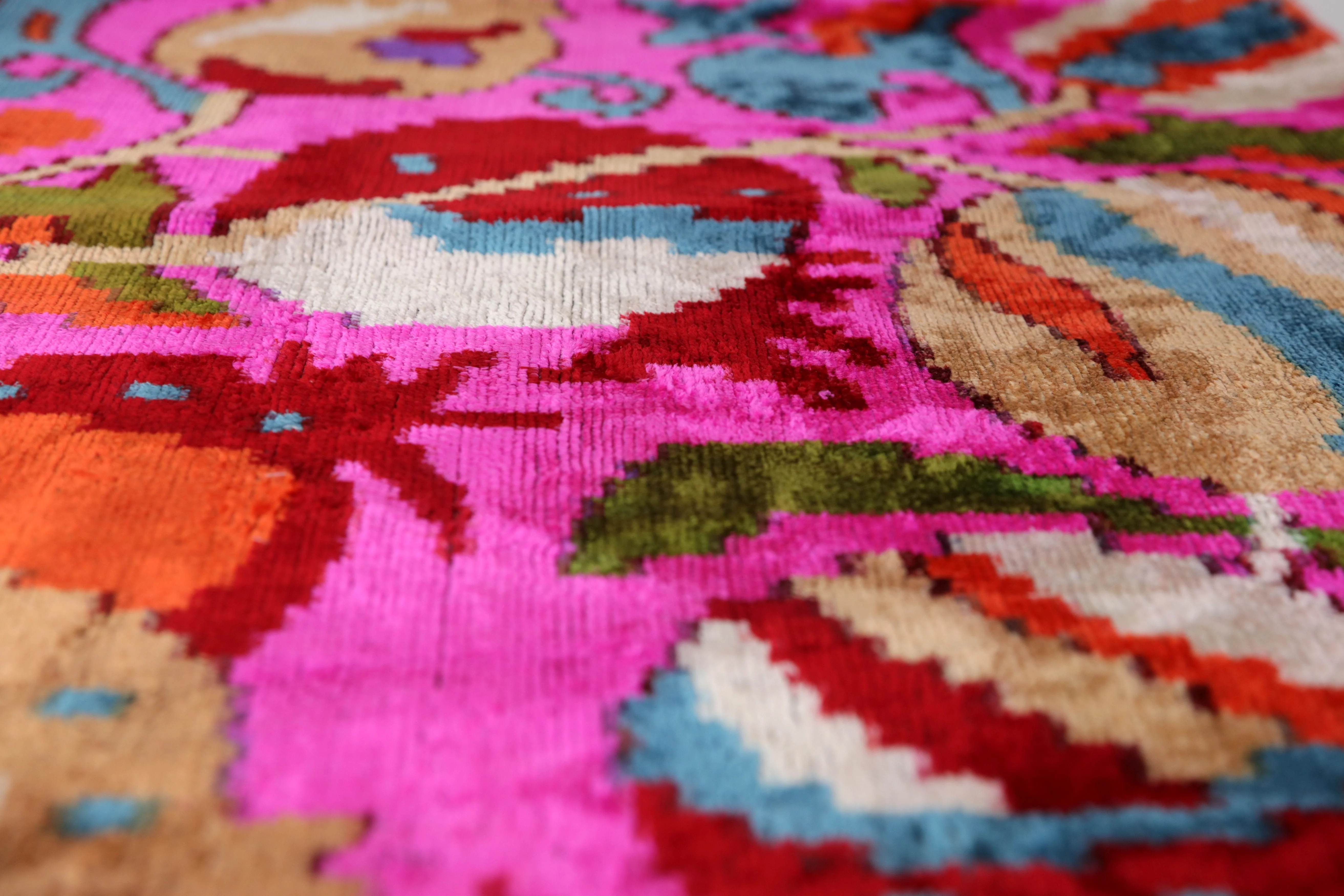 Canvello 20x20 Pink Floral Silk Velvet Pillow – Handmade Uzbek Pattern - Image 6