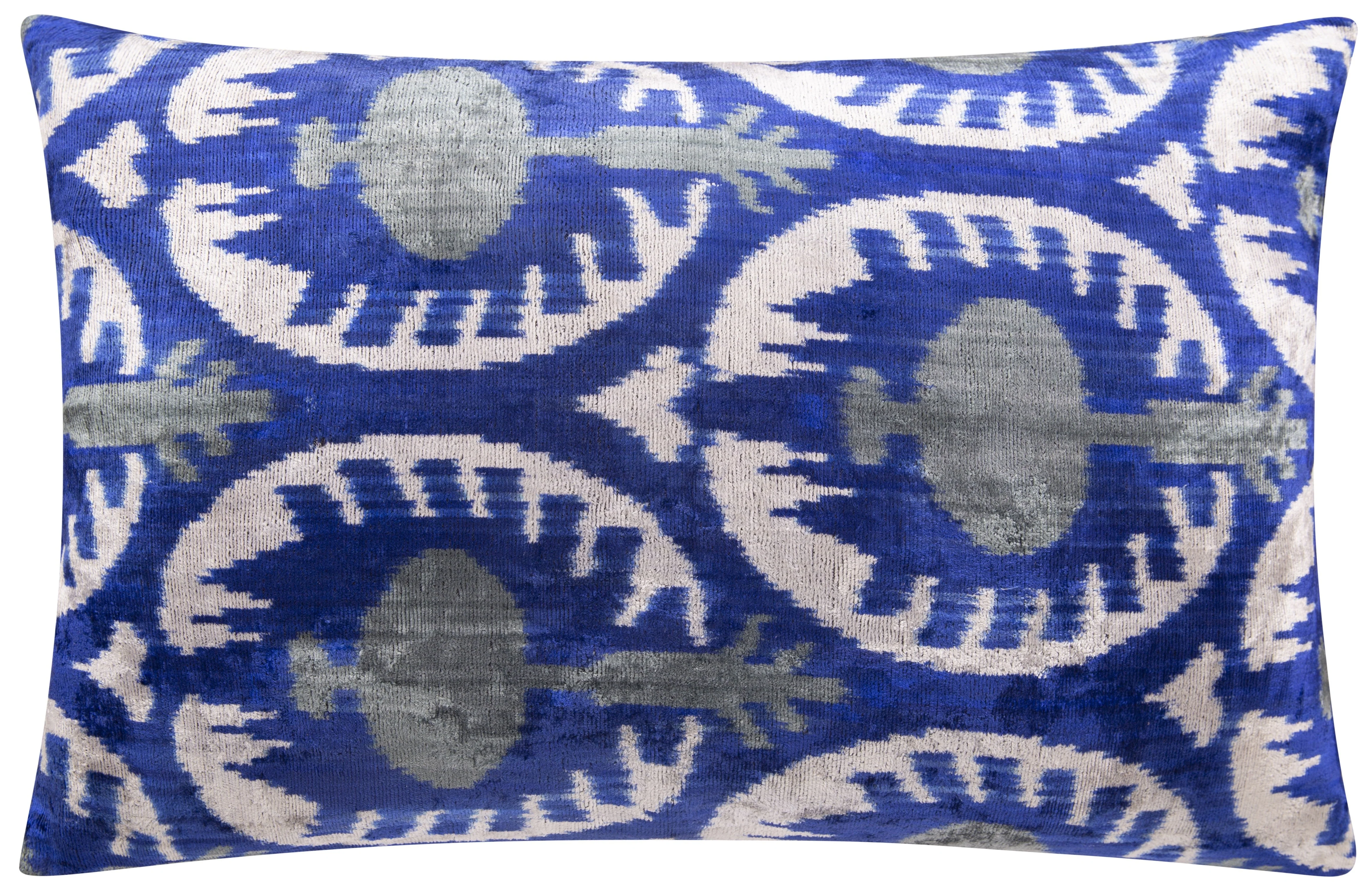 Canvello Handmade Velvet Ikat Pillow – 16x24 Luxury Decorative Throw Cushion for Home Decor – Feather Down Insert, Vegetable-Dyed, Elegant Blue and White Accent for Sofa, Couch & Furniture - Image 3