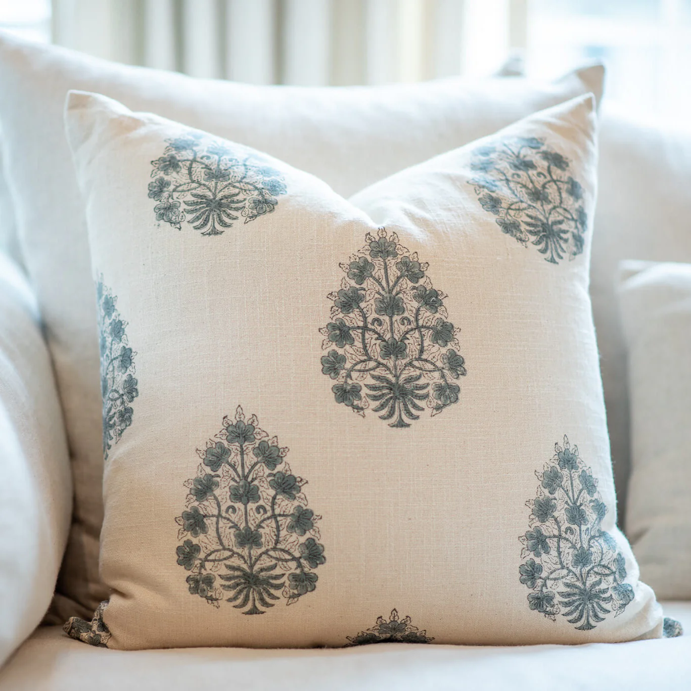 Capri Floral Block Printed Pillow Cover | Blue - Image 2