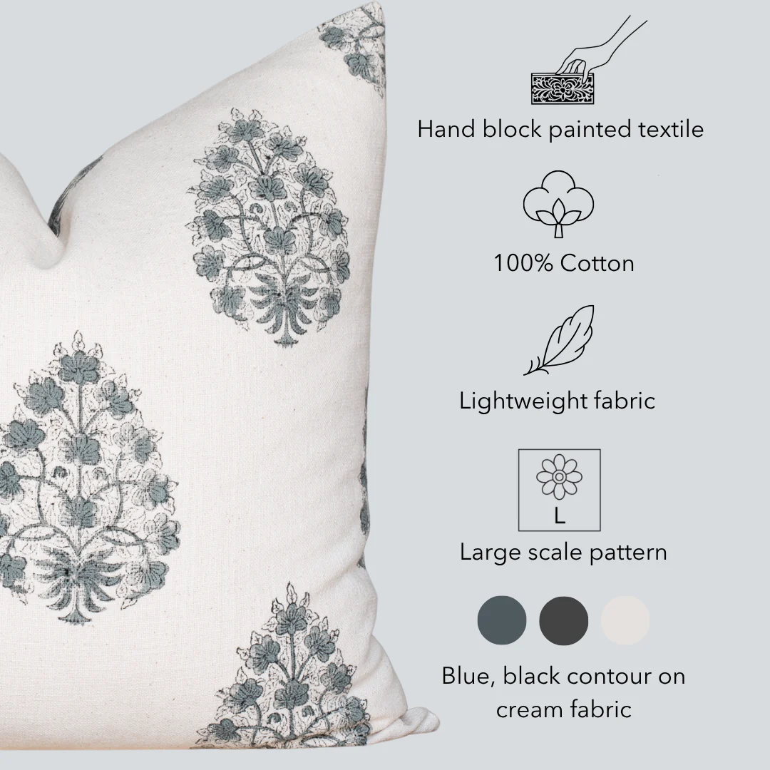 Capri Floral Block Printed Pillow Cover | Blue - Image 4