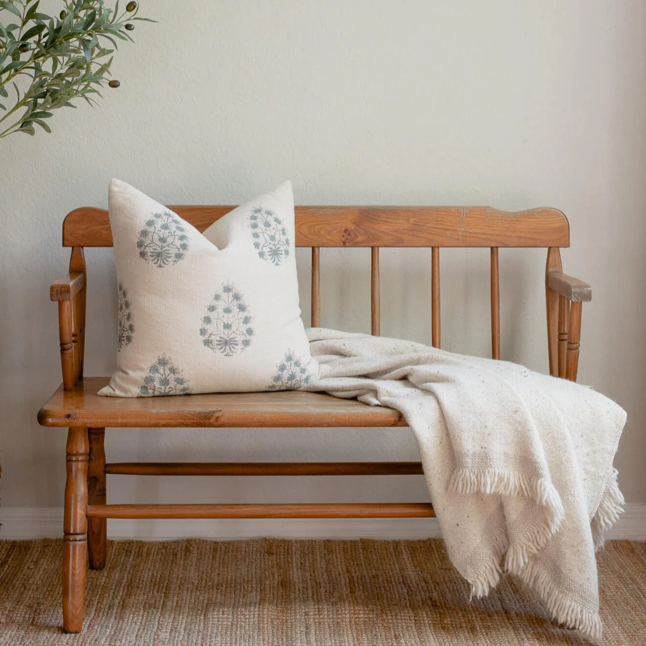 Capri Floral Block Printed Pillow Cover | Blue - Image 5