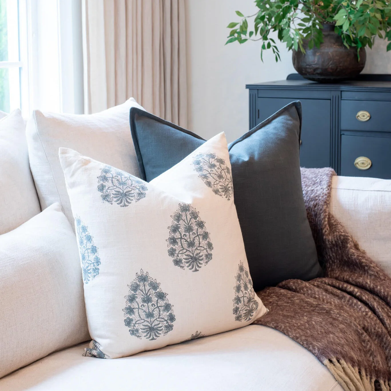 Capri Floral Block Printed Pillow Cover | Blue - Image 7
