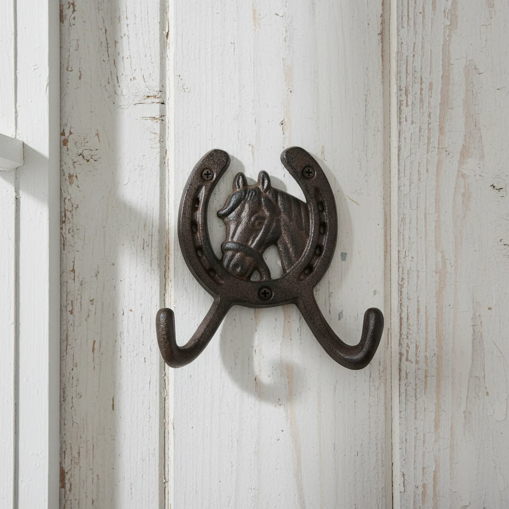 Horseshoe Wall Hook with Horse Head, Rustic Cast Iron Hanger