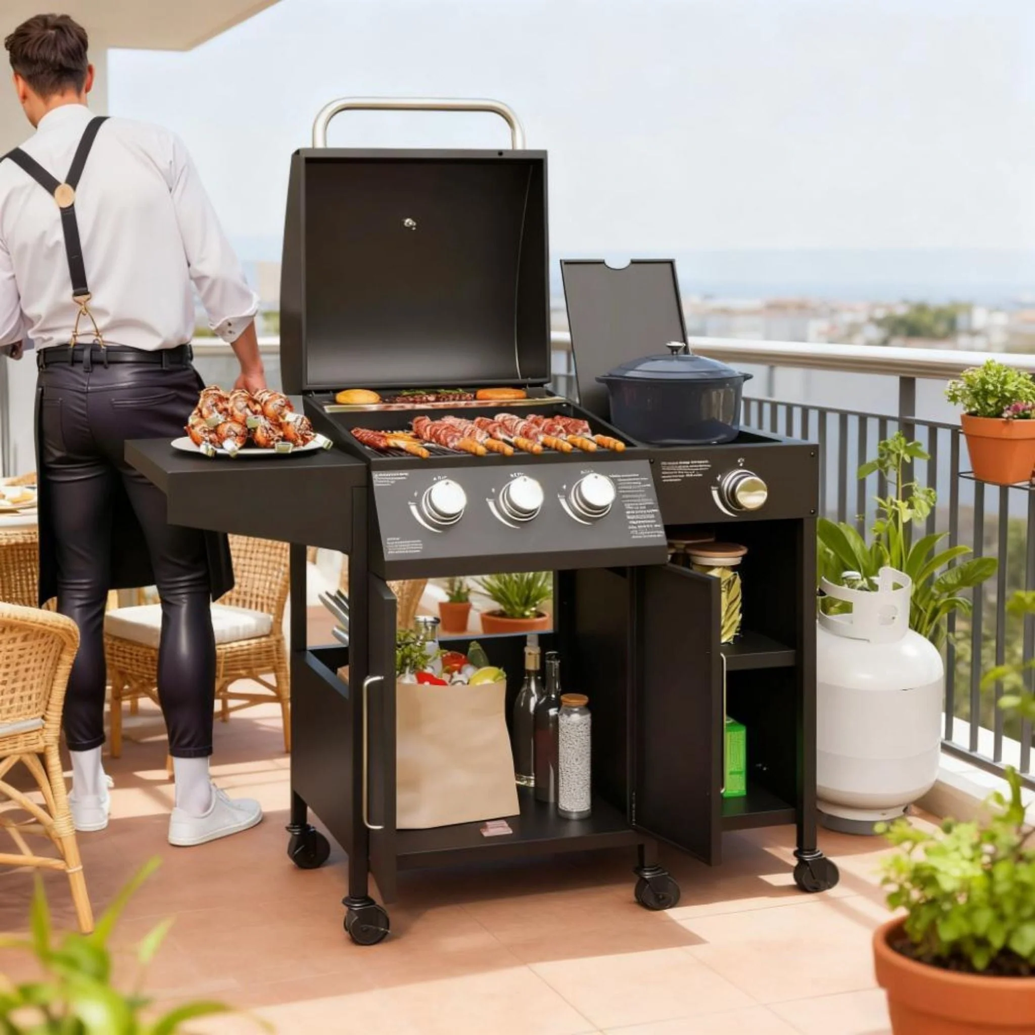 Castelle Flame 15K BTU Barbecue Propane Liquid Propane Grill With Side Burner (SAK53481) - Image 7