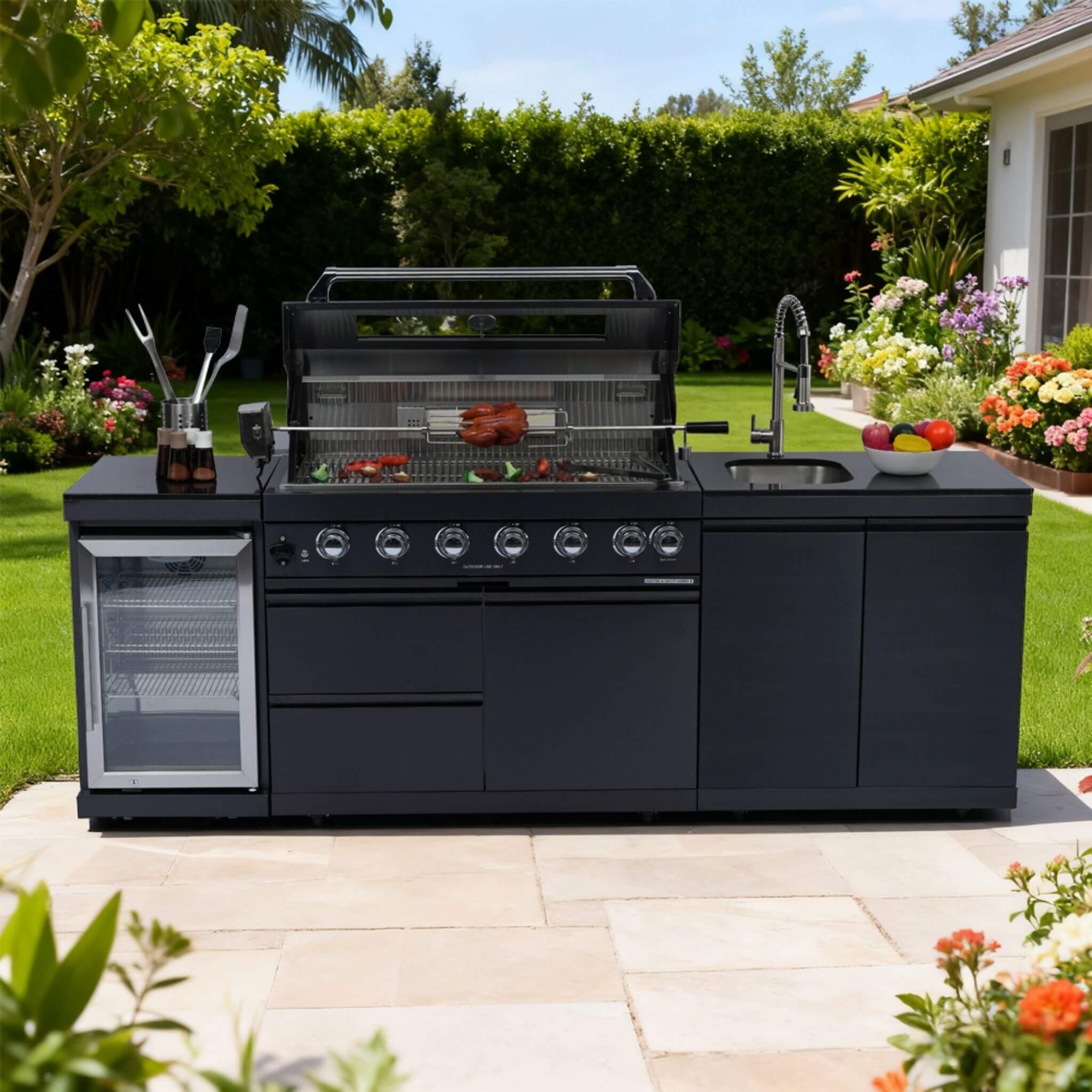 Castelle Flame Belmont 43-Inch 6-Burner 85K BTU Stainless Steel Outdoor BBQ Kitchen Grill Island With Wine Cooler, Rotisserie, And Sink (SAK19476) - Image 7