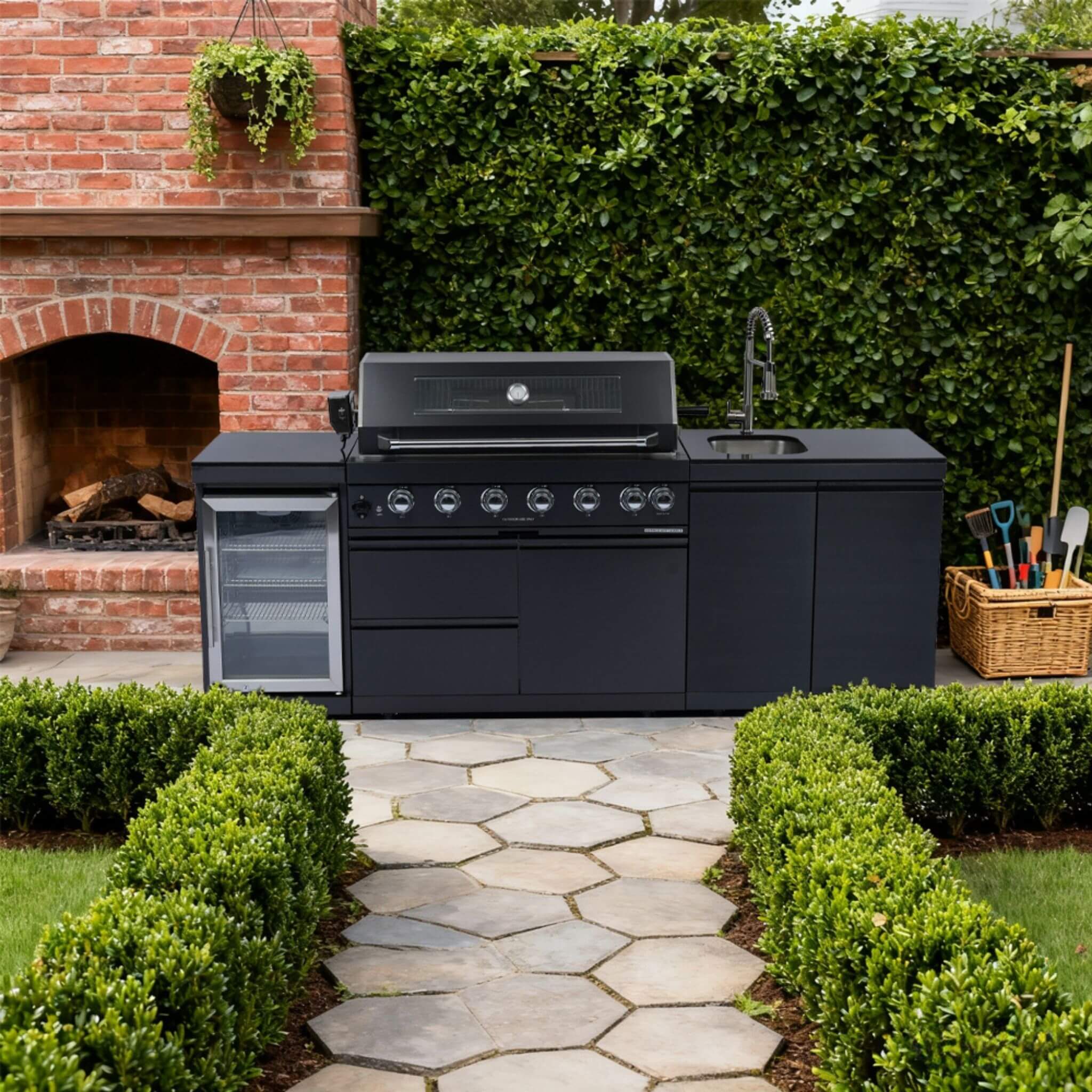 Castelle Flame Belmont 43-Inch 6-Burner 85K BTU Stainless Steel Outdoor BBQ Kitchen Grill Island With Wine Cooler, Rotisserie, And Sink (SAK19476) - Image 9