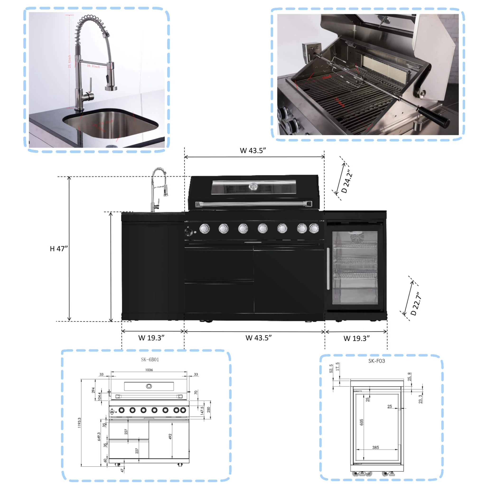 Castelle Flame Avalon 85K BTU Outdoor BBQ Liquid Propane Kitchen Grill Island With 43-Inch 6-Burner Grill, Wine Fridge, Rotisserie Kit, And Sink (SAK23864) - Image 23