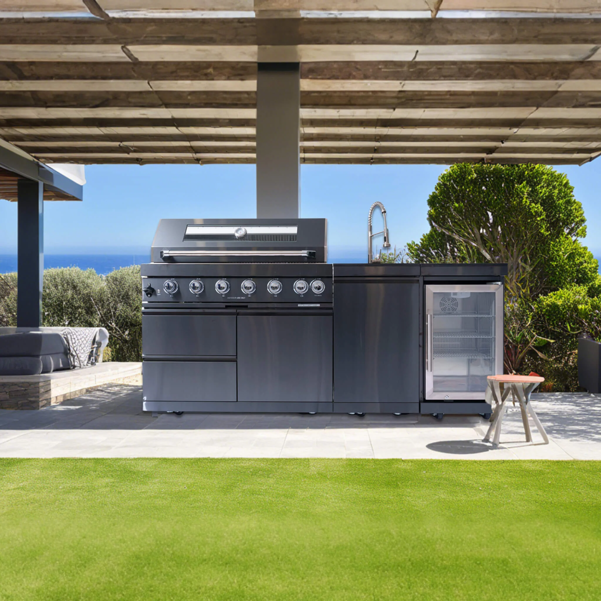 Castelle Flame Avalon 85K BTU Outdoor BBQ Liquid Propane Kitchen Grill Island With 43-Inch 6-Burner Grill, Wine Fridge, Rotisserie Kit, And Sink (SAK23864) - Image 3
