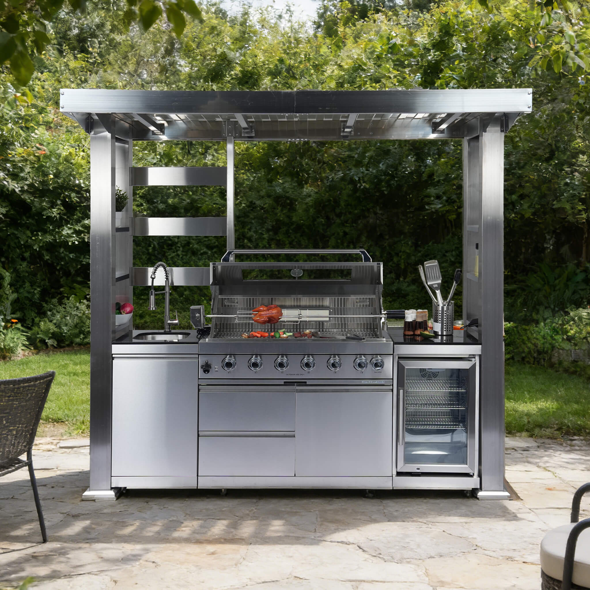 Castelle Flame Astoria 94-Inch 6-Burner 85K BTU Outdoor Kitchen Liquid Propane Grill Island With Wine Cooler, Rotisserie, Cabinets, And Granite Countertops (SAK68014) - Image 22