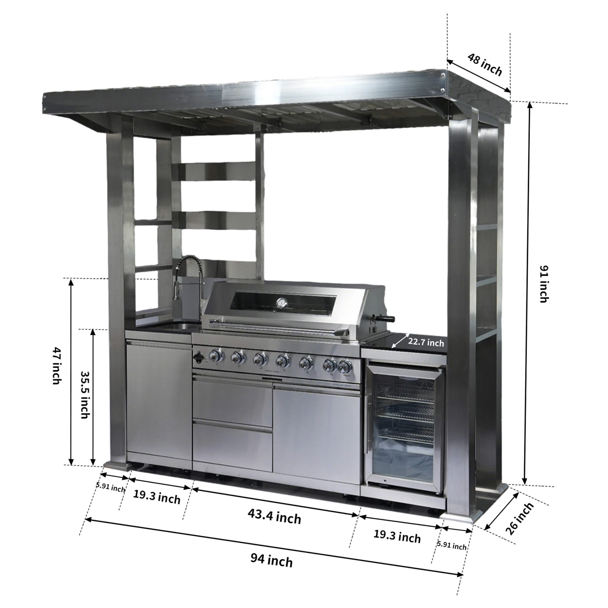 Castelle Flame Astoria 94-Inch 6-Burner 85K BTU Outdoor Kitchen Liquid Propane Grill Island With Wine Cooler, Rotisserie, Cabinets, And Granite Countertops (SAK68014) - Image 26
