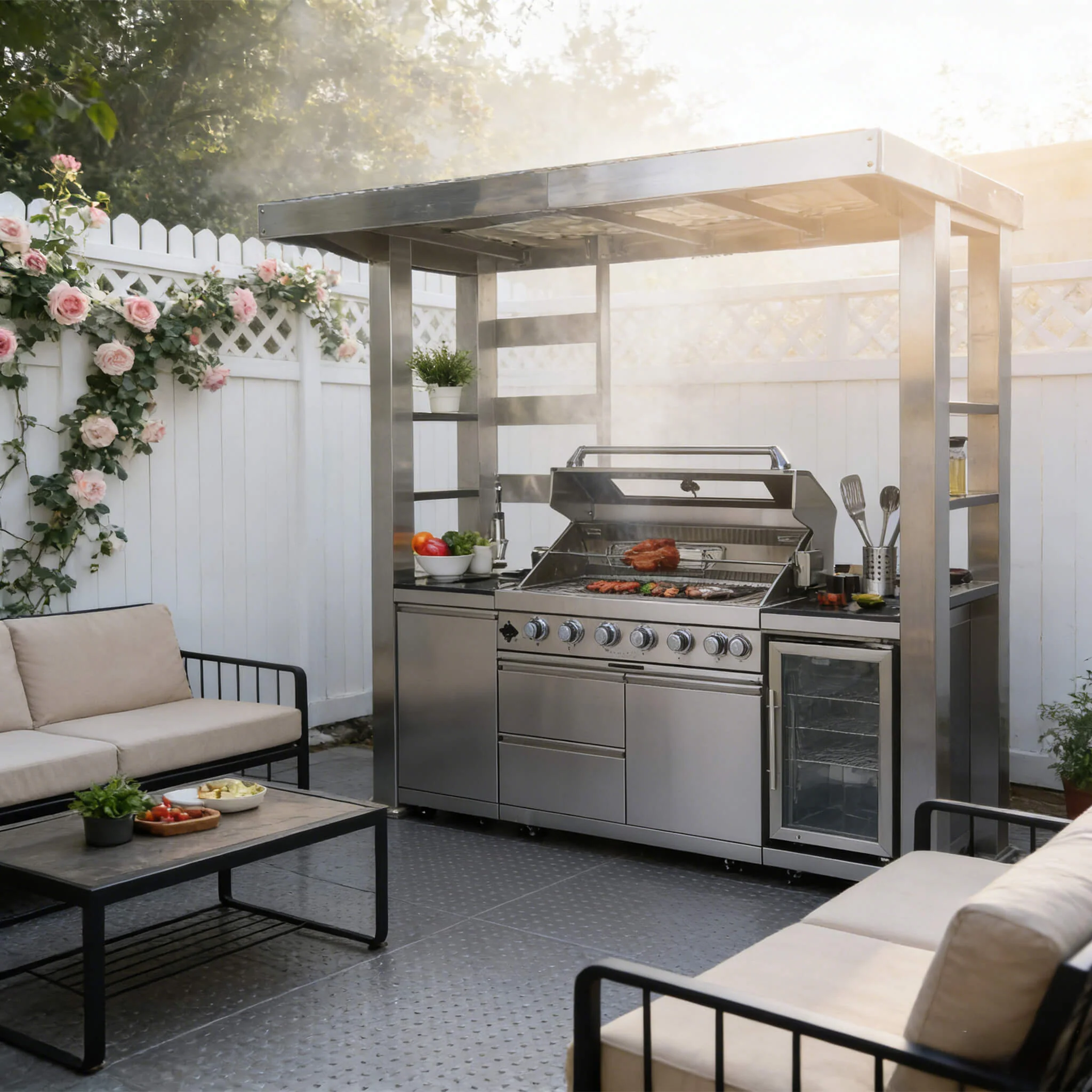 Castelle Flame Astoria 94-Inch 6-Burner 85K BTU Outdoor Kitchen Liquid Propane Grill Island With Wine Cooler, Rotisserie, Cabinets, And Granite Countertops (SAK68014) - Image 3