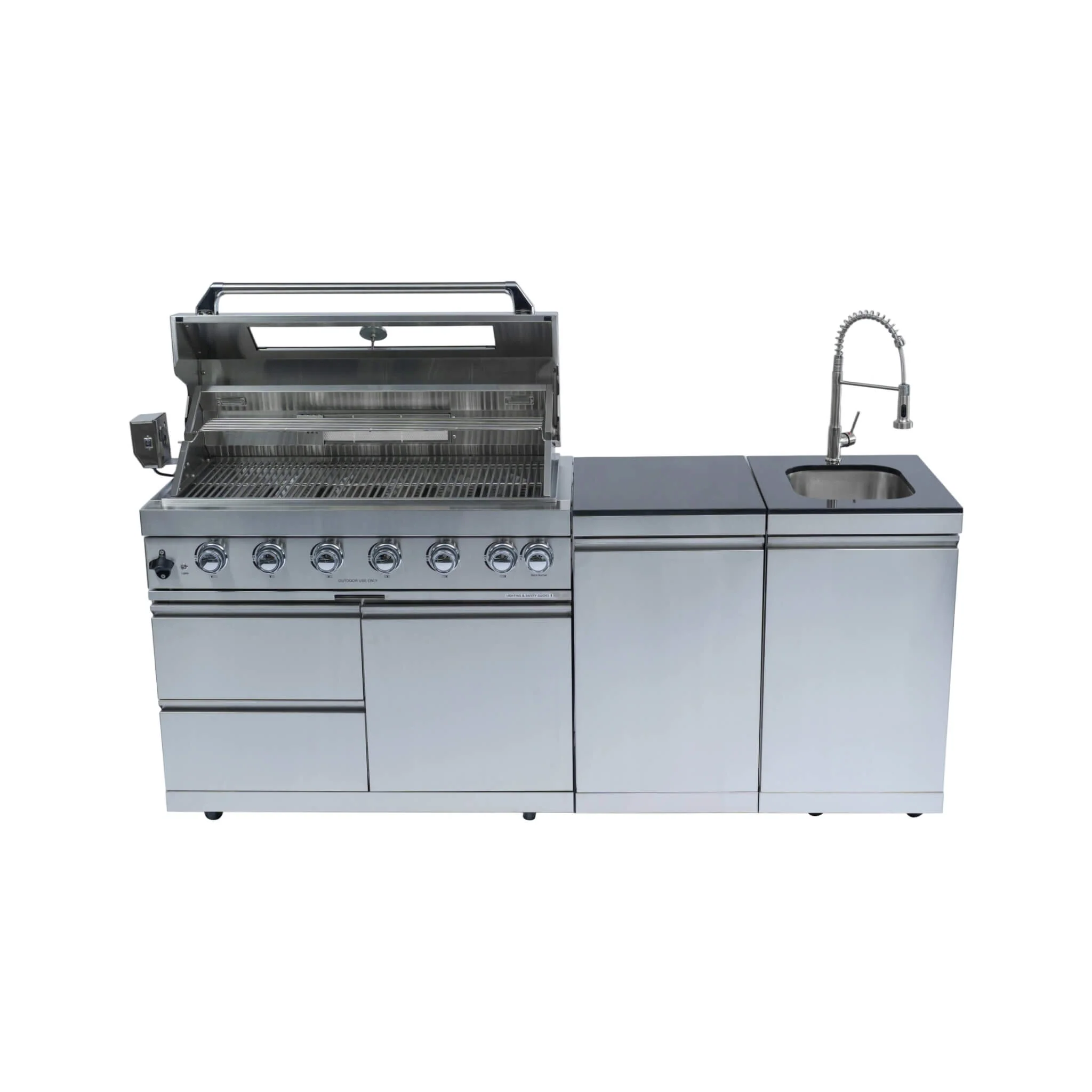 Castelle Flame Valmont 85K BTU Outdoor BBQ Kitchen Grill Island With 43-Inch 6-Burner Grill, Granite Countertops, Rotisserie Kit, Cabinets, And Sink (SAK73518) - Image 3