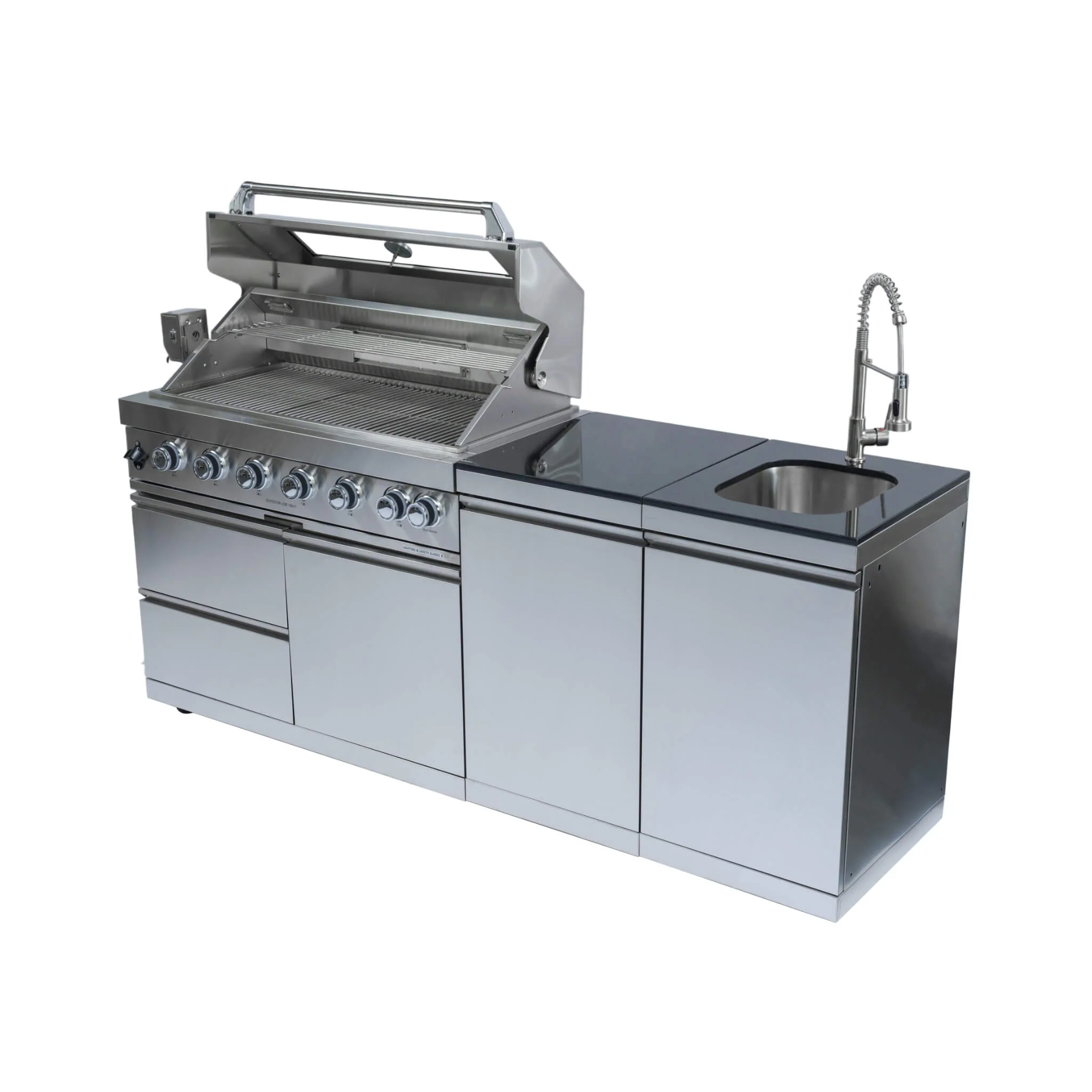 Castelle Flame Valmont 85K BTU Outdoor BBQ Kitchen Grill Island With 43-Inch 6-Burner Grill, Granite Countertops, Rotisserie Kit, Cabinets, And Sink (SAK73518) - Image 4