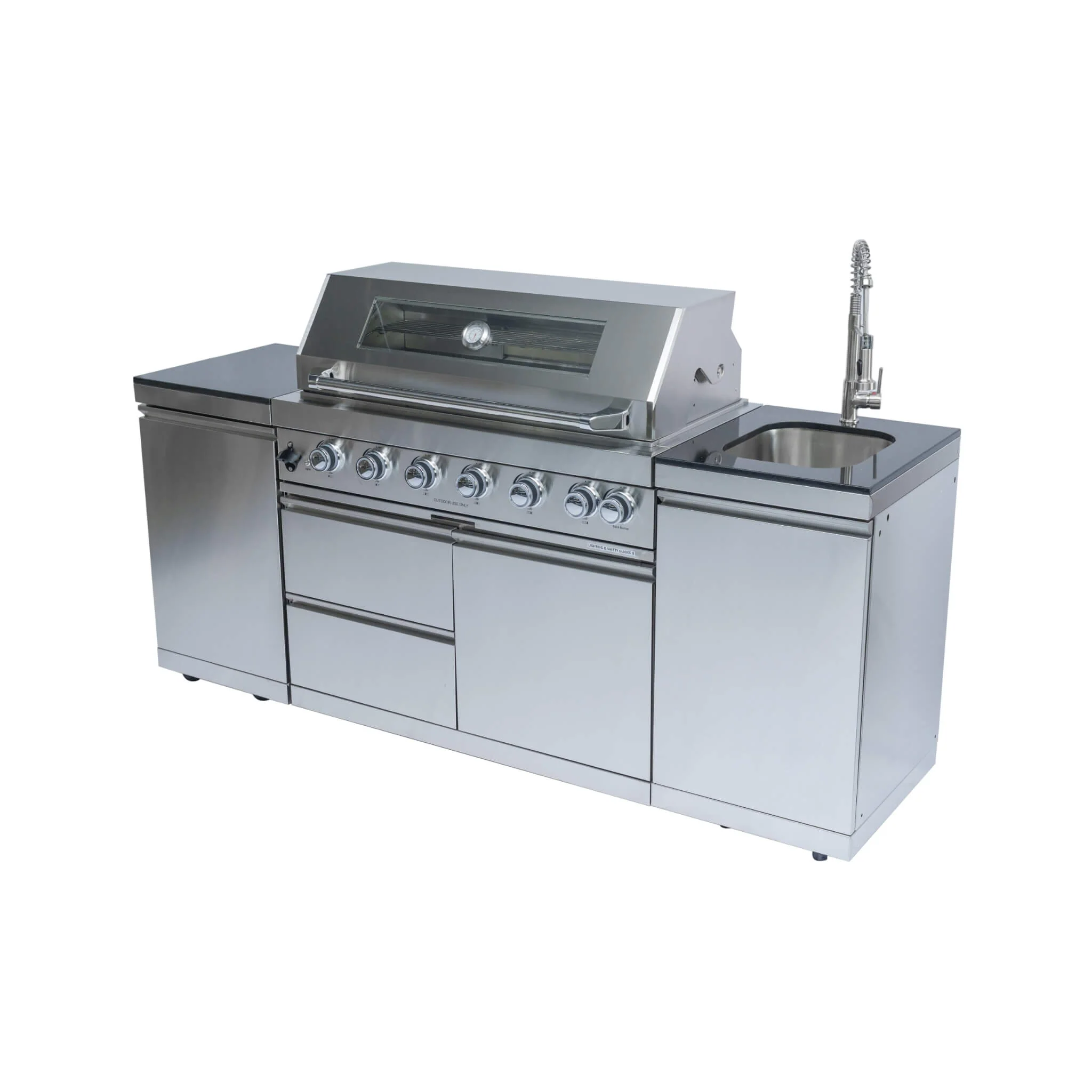 Castelle Flame Valmont 85K BTU Outdoor BBQ Kitchen Grill Island With 43-Inch 6-Burner Grill, Granite Countertops, Rotisserie Kit, Cabinets, And Sink (SAK73518) - Image 5