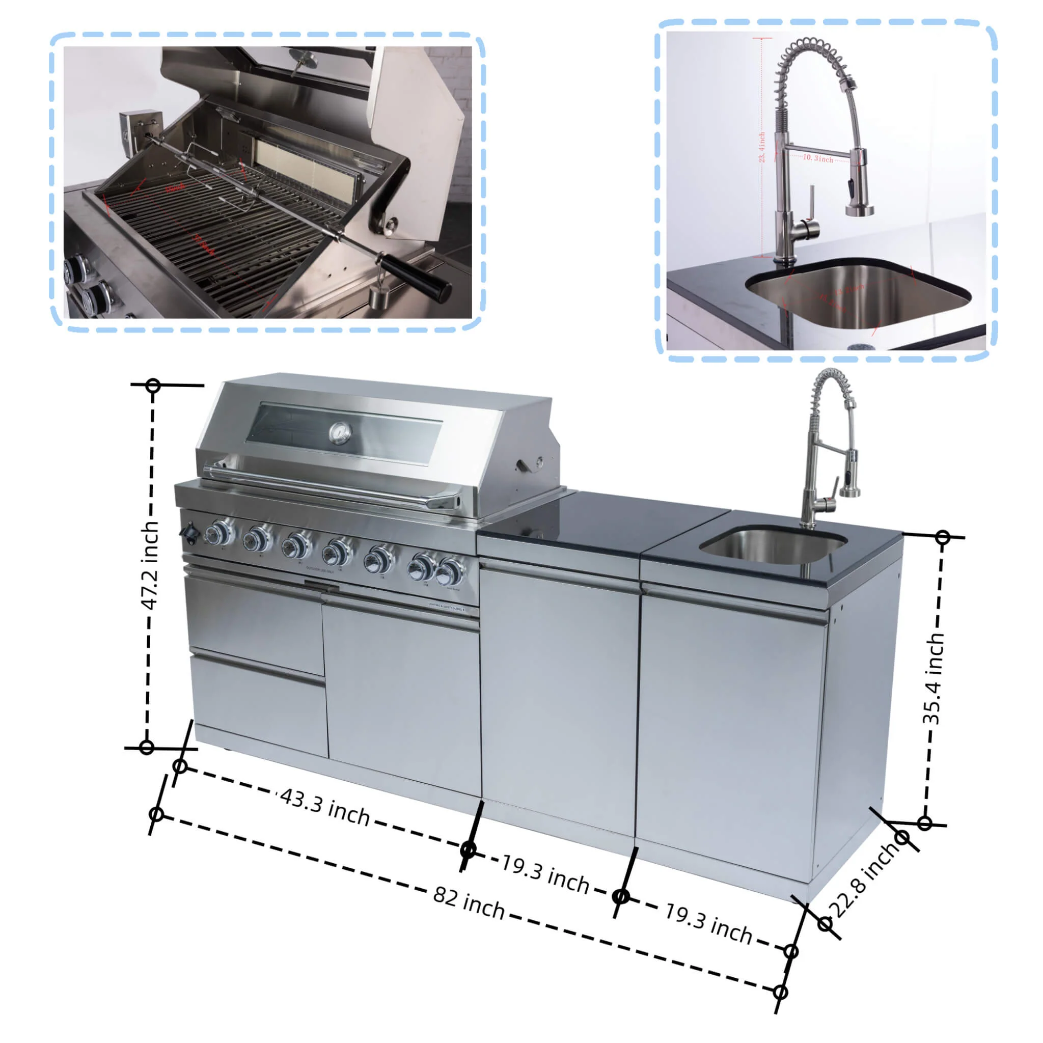 Castelle Flame Valmont 85K BTU Outdoor BBQ Kitchen Grill Island With 43-Inch 6-Burner Grill, Granite Countertops, Rotisserie Kit, Cabinets, And Sink (SAK73518) - Image 6