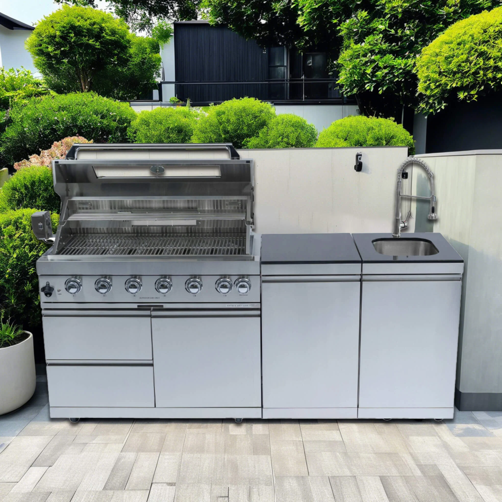 Castelle Flame Valmont 85K BTU Outdoor BBQ Kitchen Grill Island With 43-Inch 6-Burner Grill, Granite Countertops, Rotisserie Kit, Cabinets, And Sink (SAK73518) - Image 7