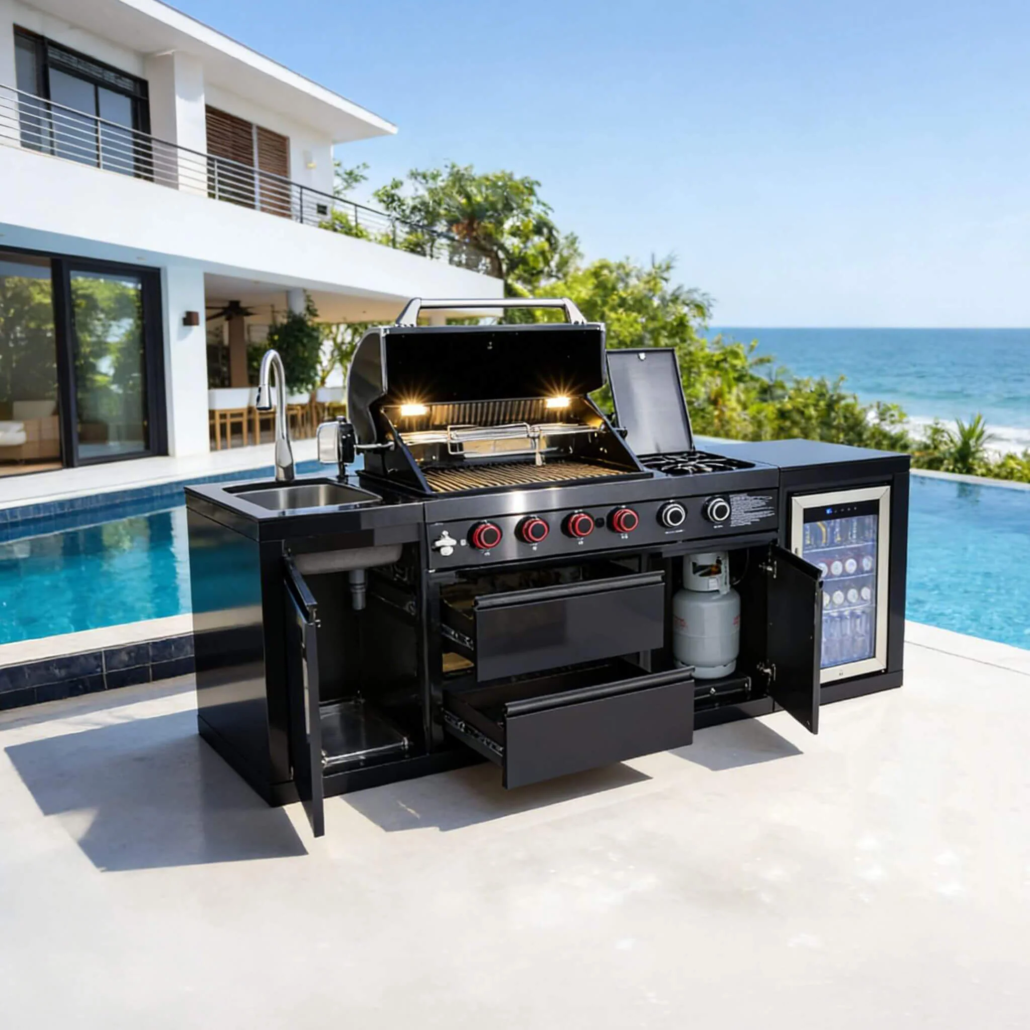 Castelle Flame Monarch 4-Burner 72000 BTU Liquid Propane Grill Island With Fridge And Sink (SAK68127) - Image 4