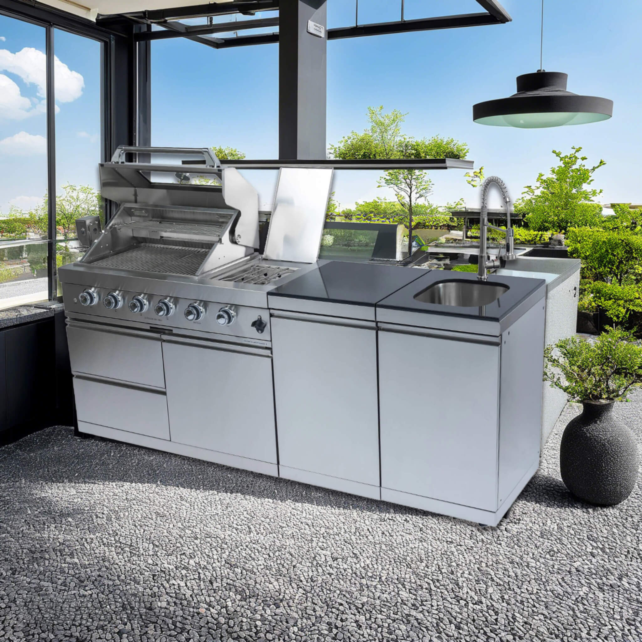 Castelle Flame Aurelia 72K BTU Stainless Steel Outdoor BBQ Kitchen Grill Island With 46-Inch 4-Burner 85K BTU Grill, Rotisserie Kit, And Cabinets (SAK93192) - Image 4
