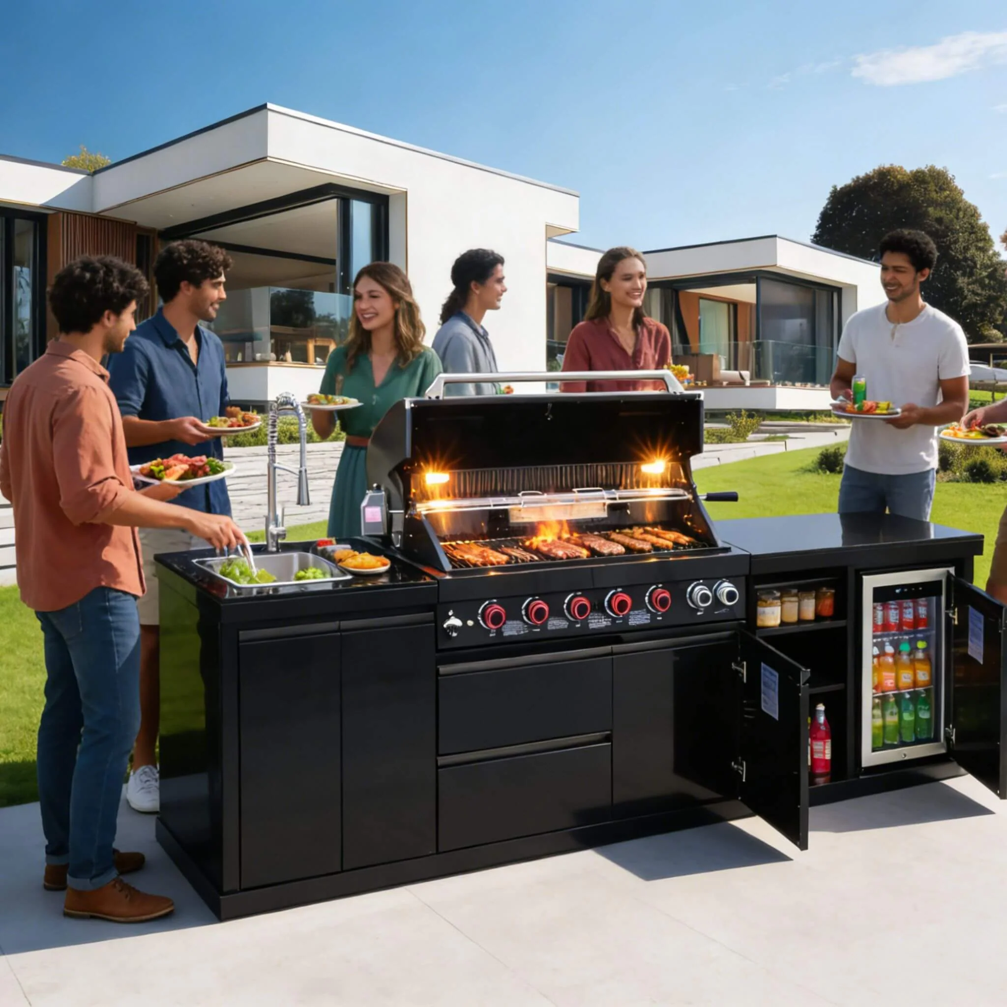 Castelle Flame Summit 6-Burner 85000 BTU Liquid Propane Grill Island With Sink And Fridge (SAK59238) - Image 3