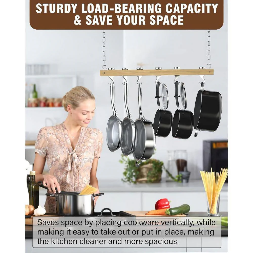 Ceiling Mounted 36-inch Wooden Pot Rack with 4 Pan Hanging Hooks and 2 Swivel Hooks - Image 2
