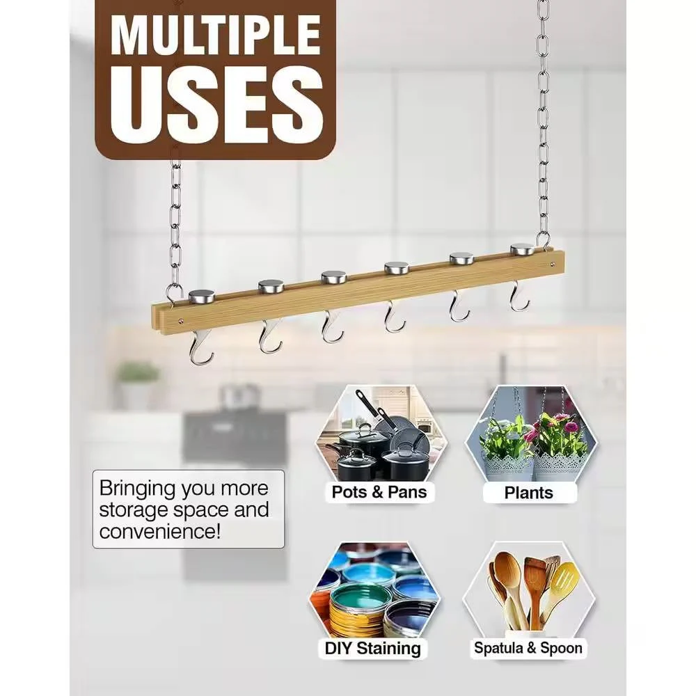 Ceiling Mounted 36-inch Wooden Pot Rack with 4 Pan Hanging Hooks and 2 Swivel Hooks - Image 4