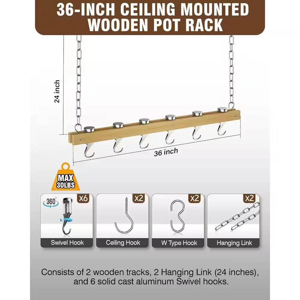 Ceiling Mounted 36-inch Wooden Pot Rack with 4 Pan Hanging Hooks and 2 Swivel Hooks - Image 5