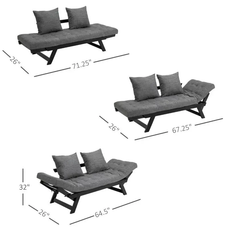 Charcoal/Black 3 In 1 Convertible Sofa Chaise Lounger Bed with  2 Large Pillows - Image 4