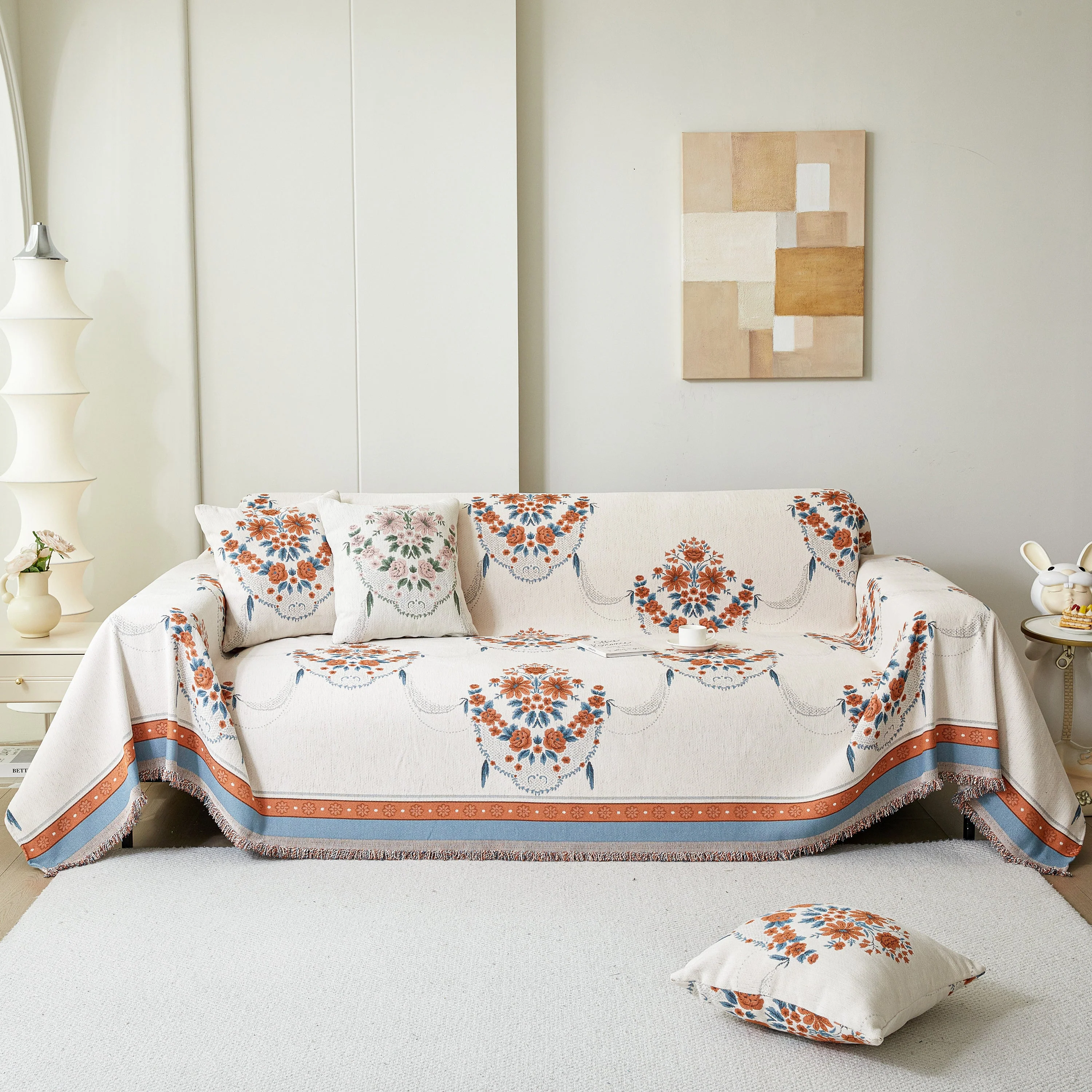 Charming French Country Floral Basket Sofa Throw Cover Rustic Farmhouse-Style Couch Cover Blankets - Image 12