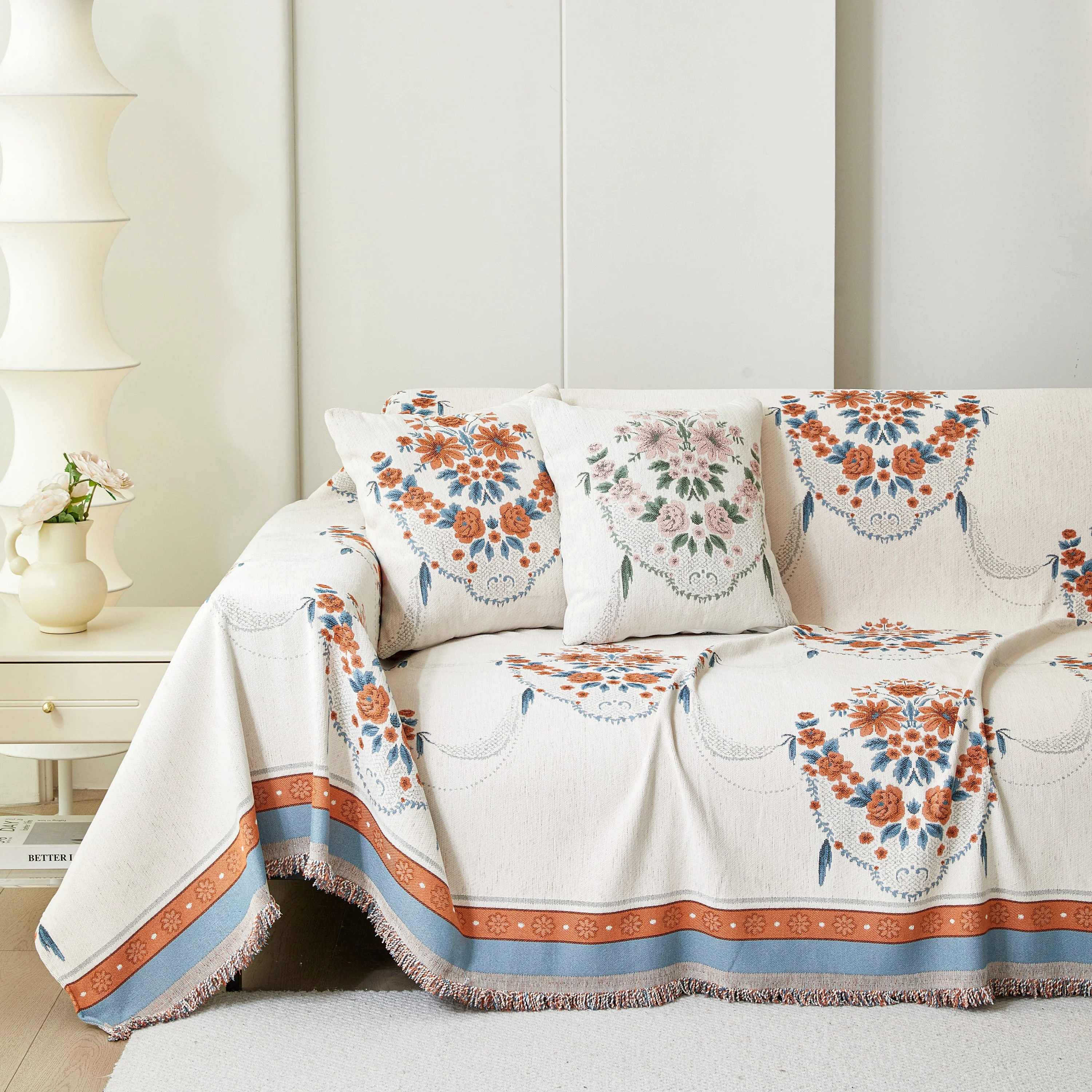 Charming French Country Floral Basket Sofa Throw Cover Rustic Farmhouse-Style Couch Cover Blankets - Image 15