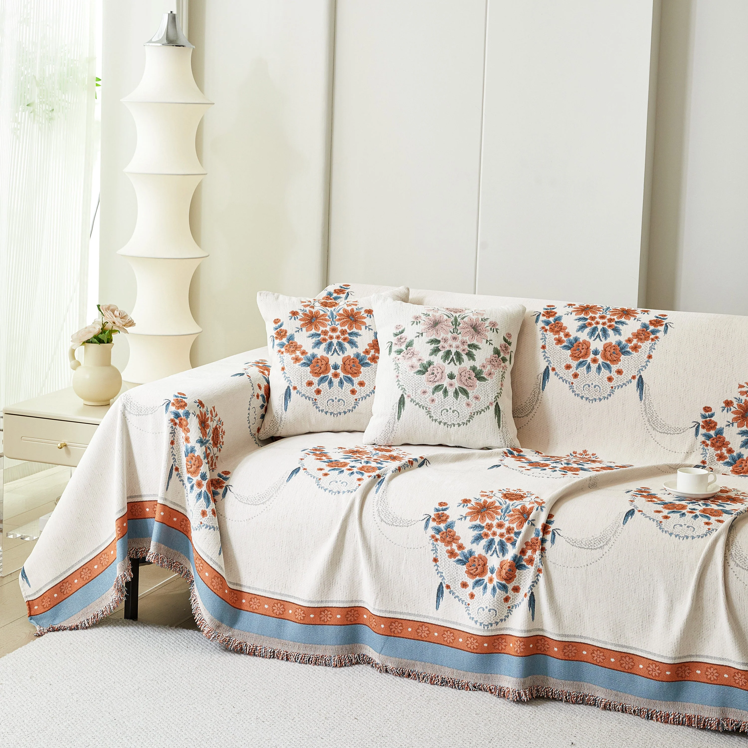 Charming French Country Floral Basket Sofa Throw Cover Rustic Farmhouse-Style Couch Cover Blankets - Image 16