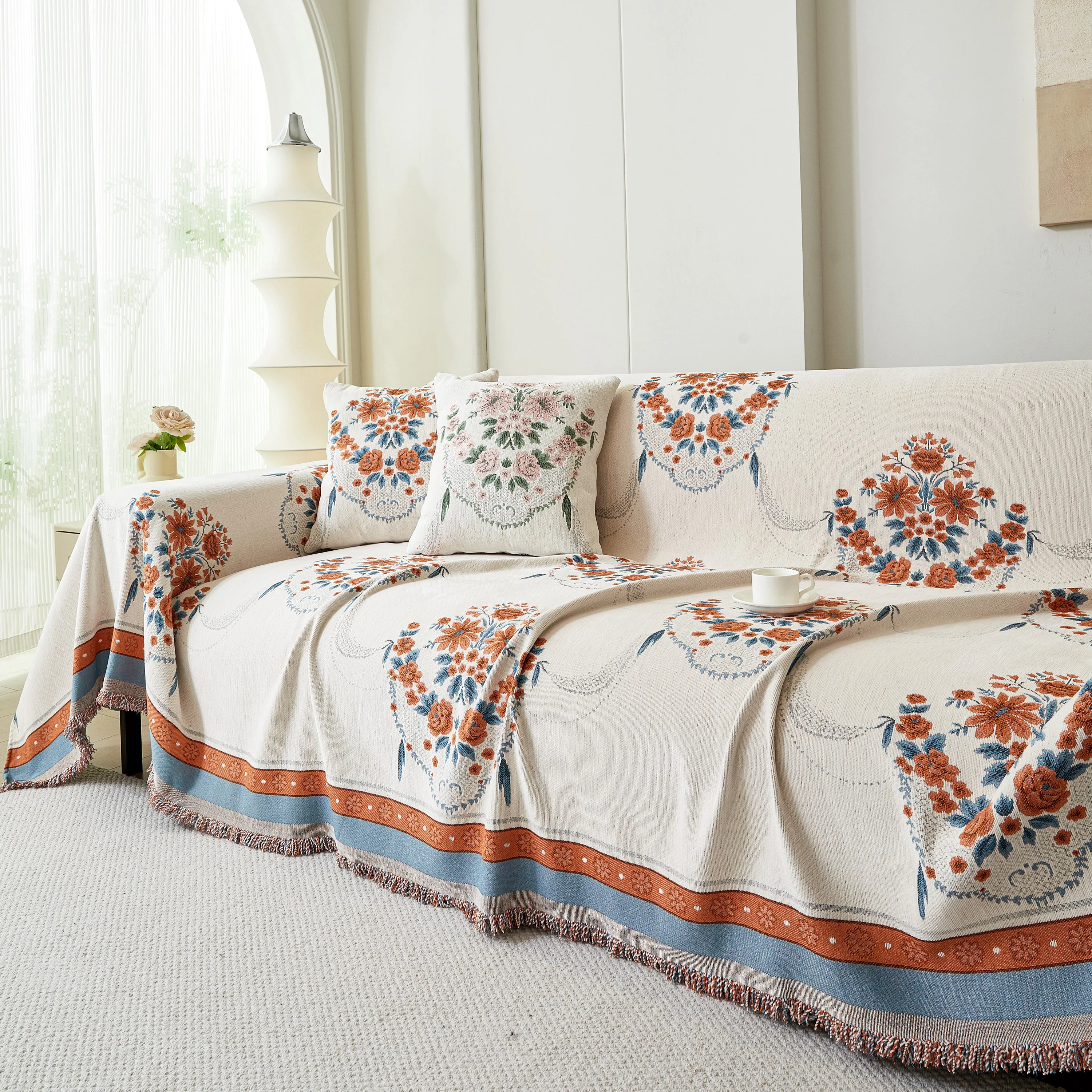 Charming French Country Floral Basket Sofa Throw Cover Rustic Farmhouse-Style Couch Cover Blankets - Image 17