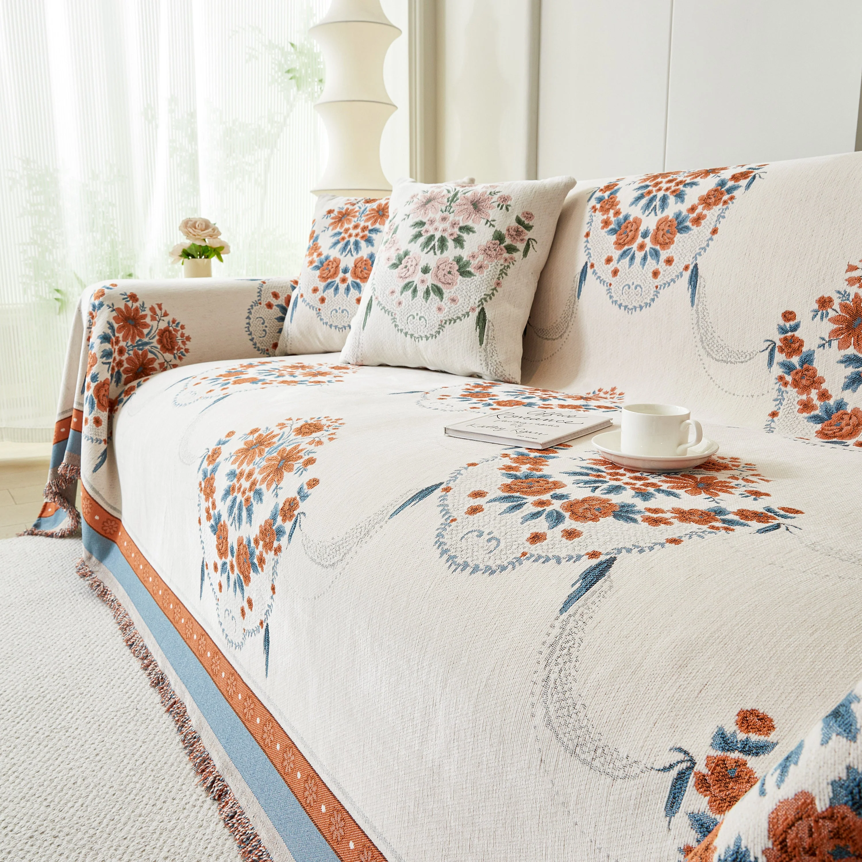 Charming French Country Floral Basket Sofa Throw Cover Rustic Farmhouse-Style Couch Cover Blankets - Image 18