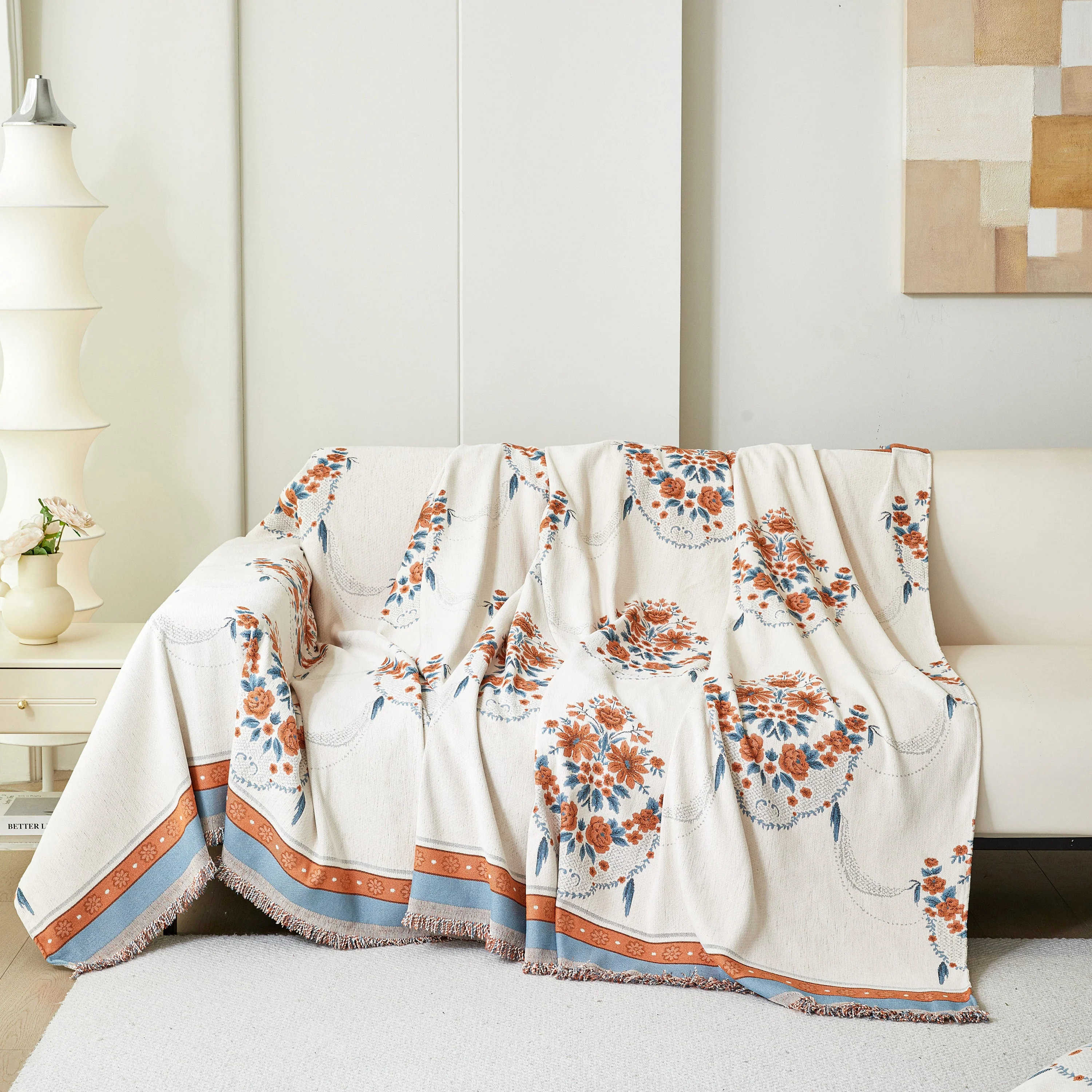 Charming French Country Floral Basket Sofa Throw Cover Rustic Farmhouse-Style Couch Cover Blankets - Image 2