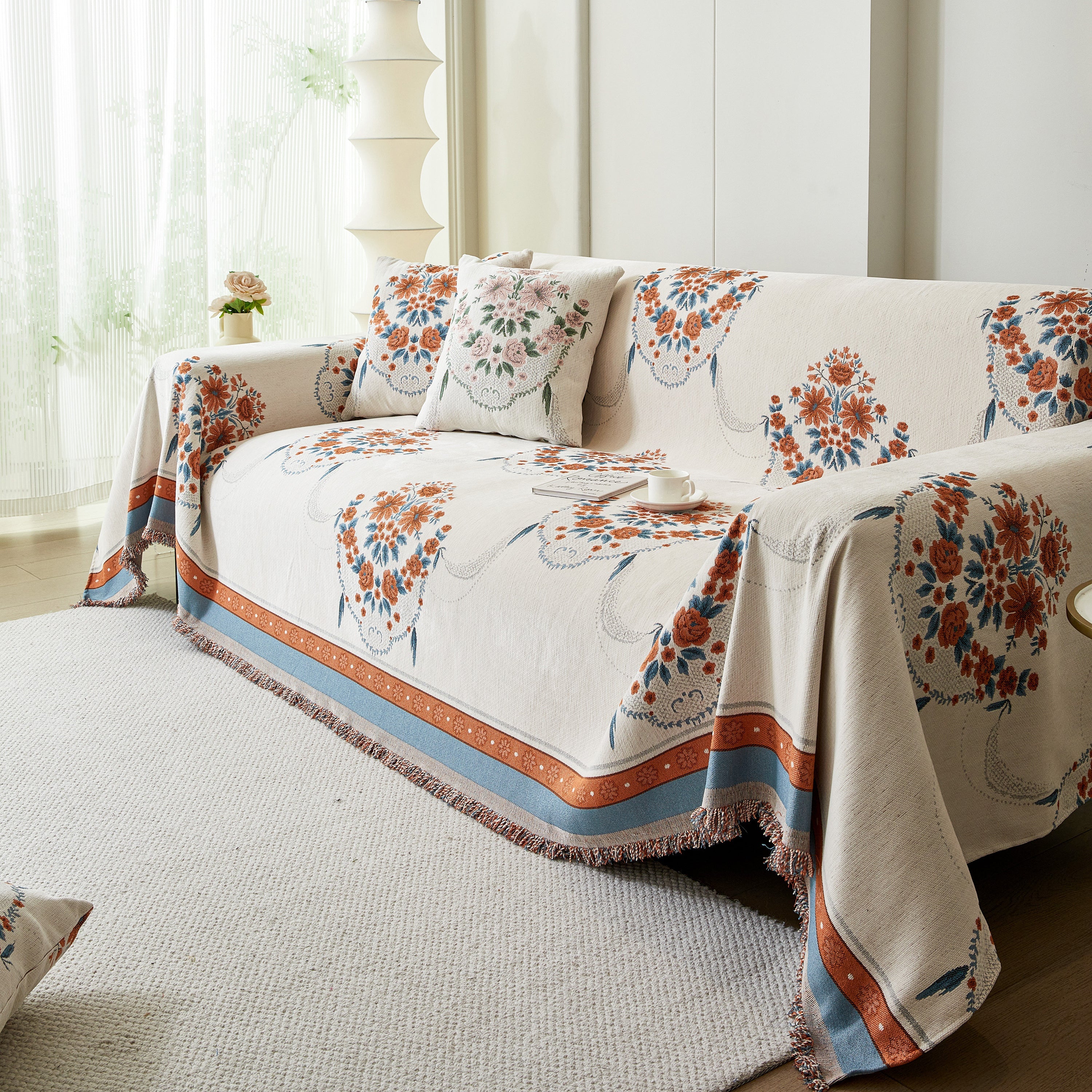 Charming French Country Floral Basket Sofa Throw Cover Rustic Farmhouse-Style Couch Cover Blankets - Image 21