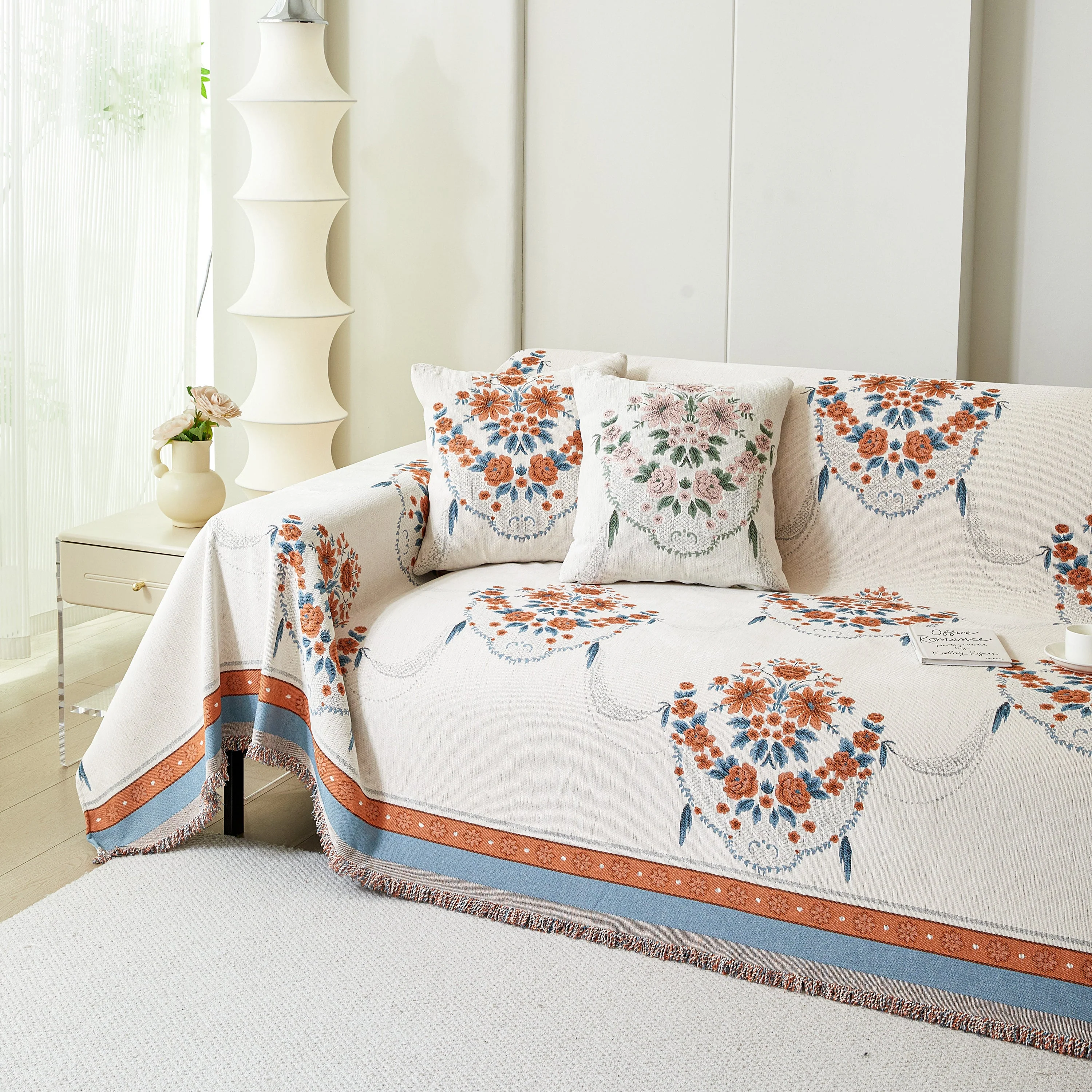 Charming French Country Floral Basket Sofa Throw Cover Rustic Farmhouse-Style Couch Cover Blankets - Image 24