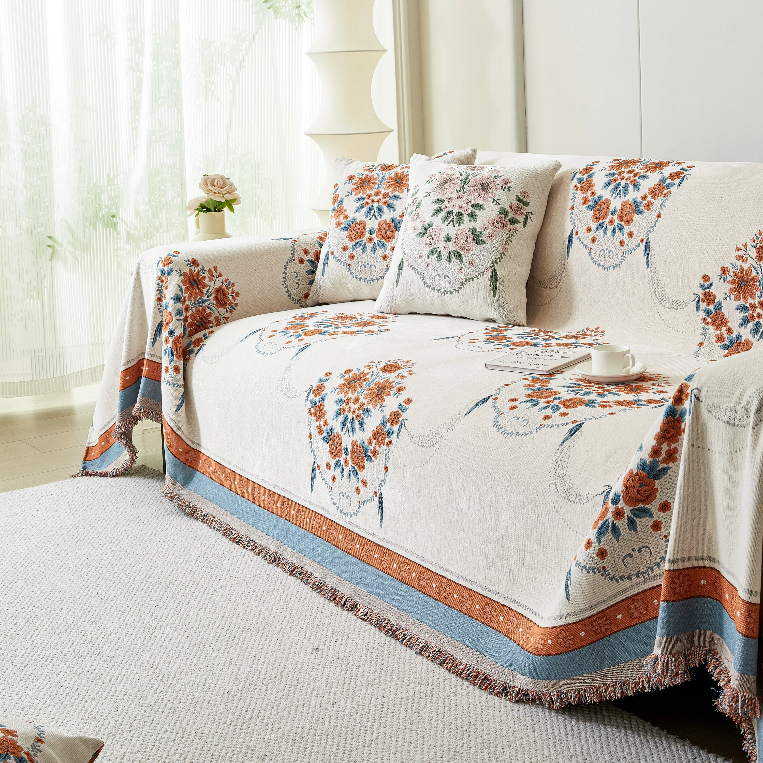 Charming French Country Floral Basket Sofa Throw Cover Rustic Farmhouse-Style Couch Cover Blankets - Image 25