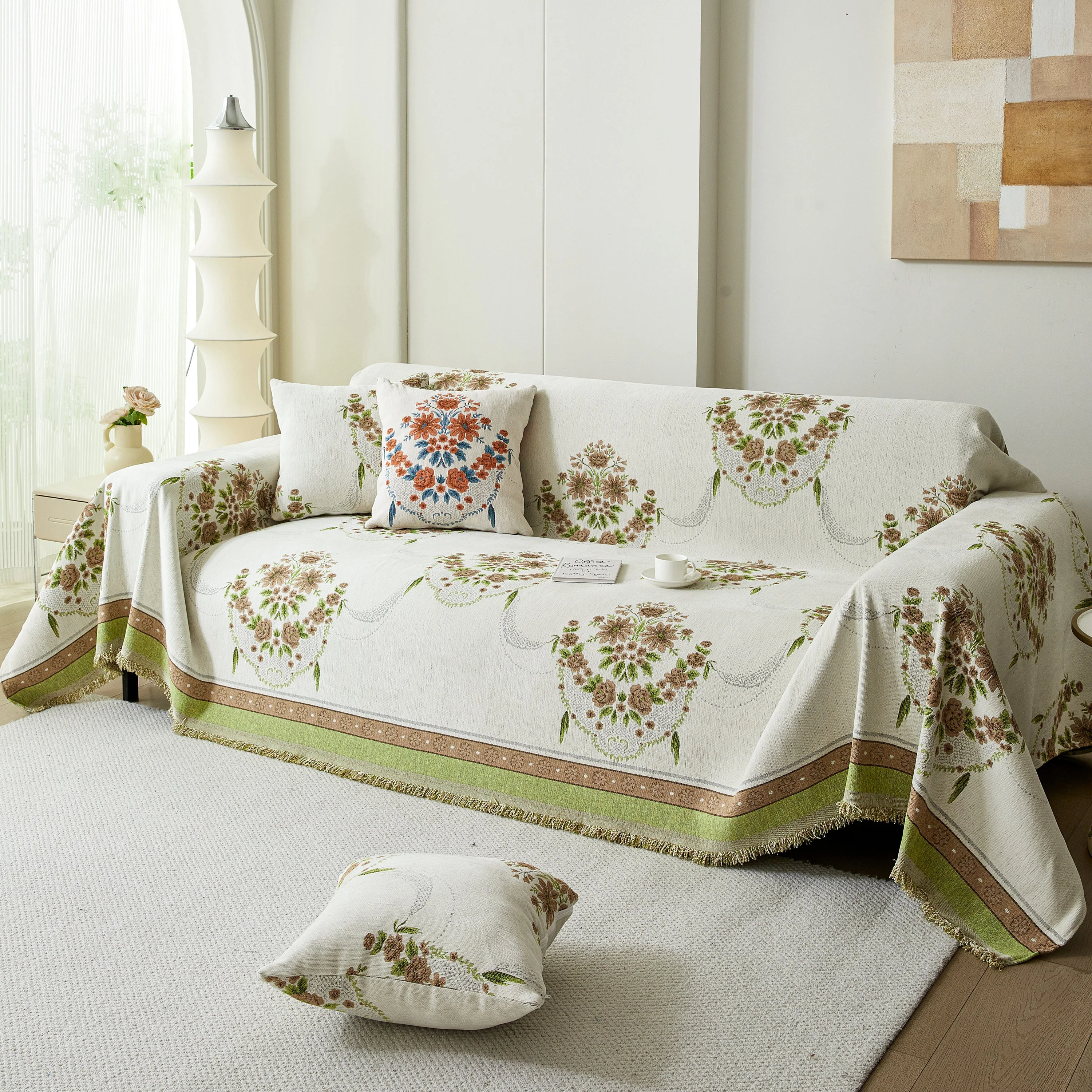 Charming French Country Floral Basket Sofa Throw Cover Rustic Farmhouse-Style Couch Cover Blankets - Image 26