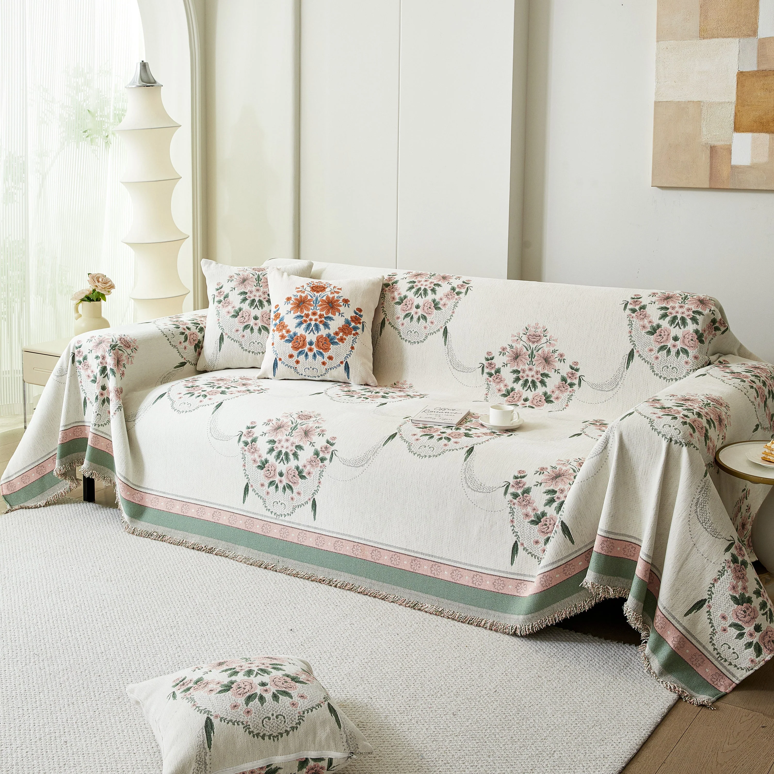 Charming French Country Floral Basket Sofa Throw Cover Rustic Farmhouse-Style Couch Cover Blankets - Image 27