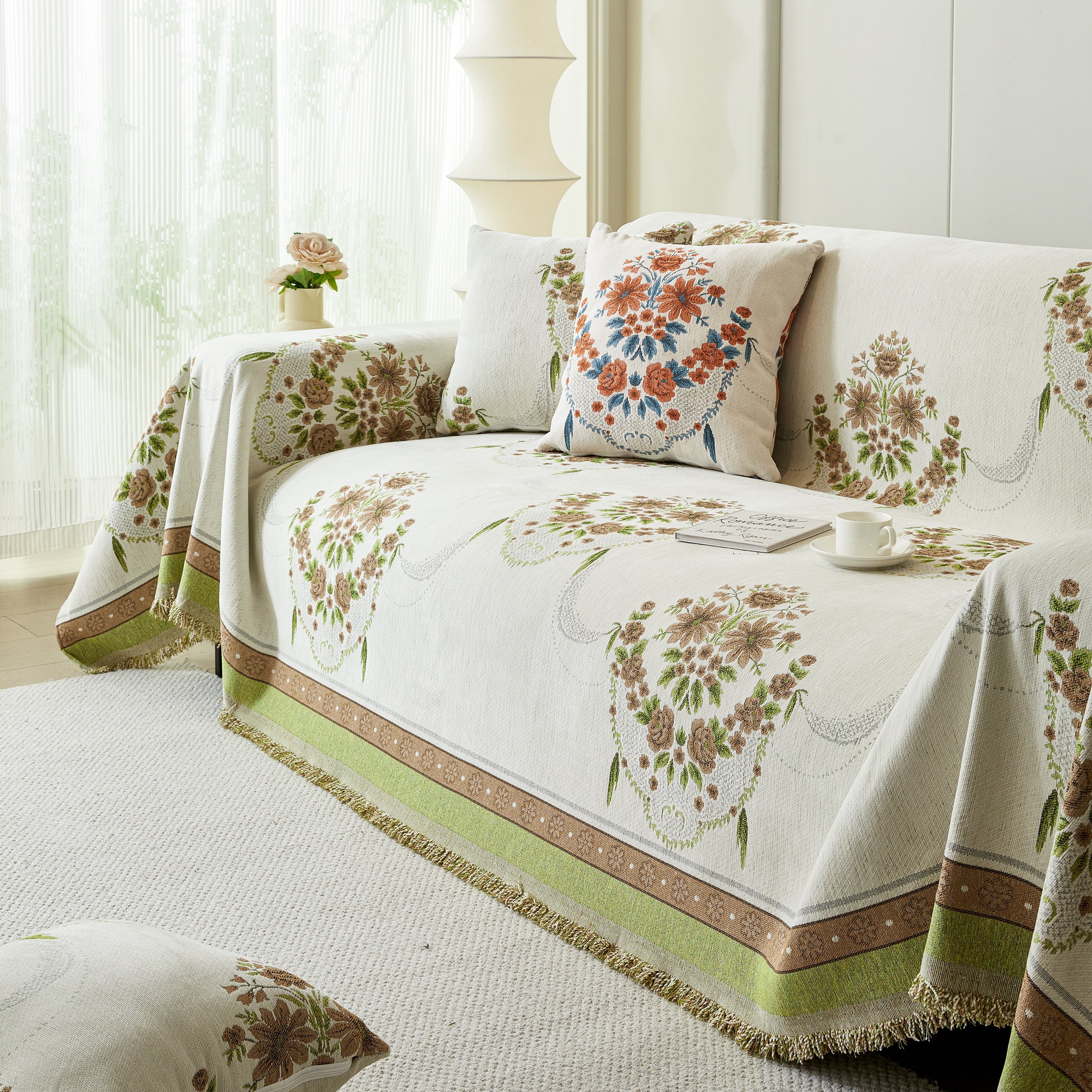 Charming French Country Floral Basket Sofa Throw Cover Rustic Farmhouse-Style Couch Cover Blankets - Image 42