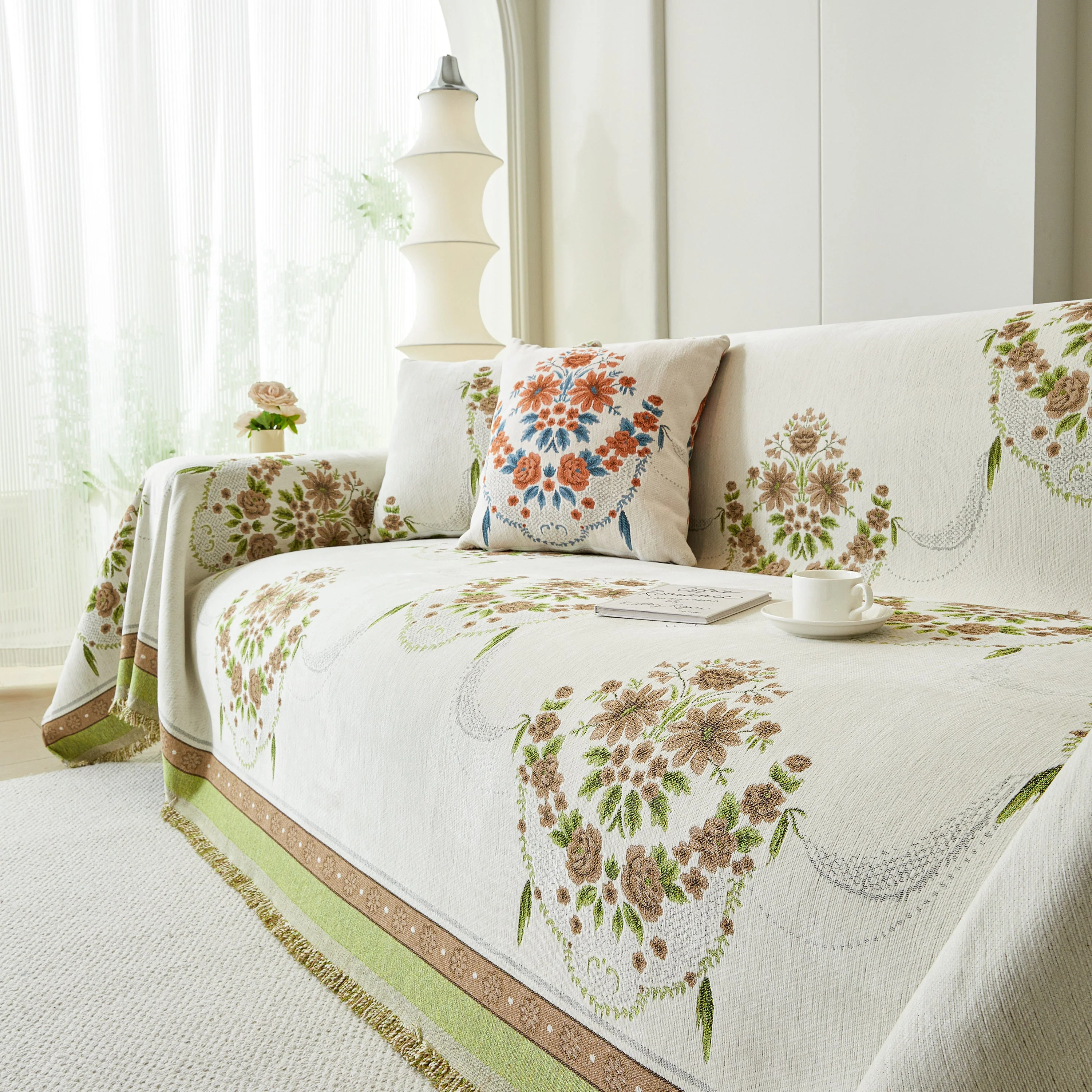Charming French Country Floral Basket Sofa Throw Cover Rustic Farmhouse-Style Couch Cover Blankets - Image 44