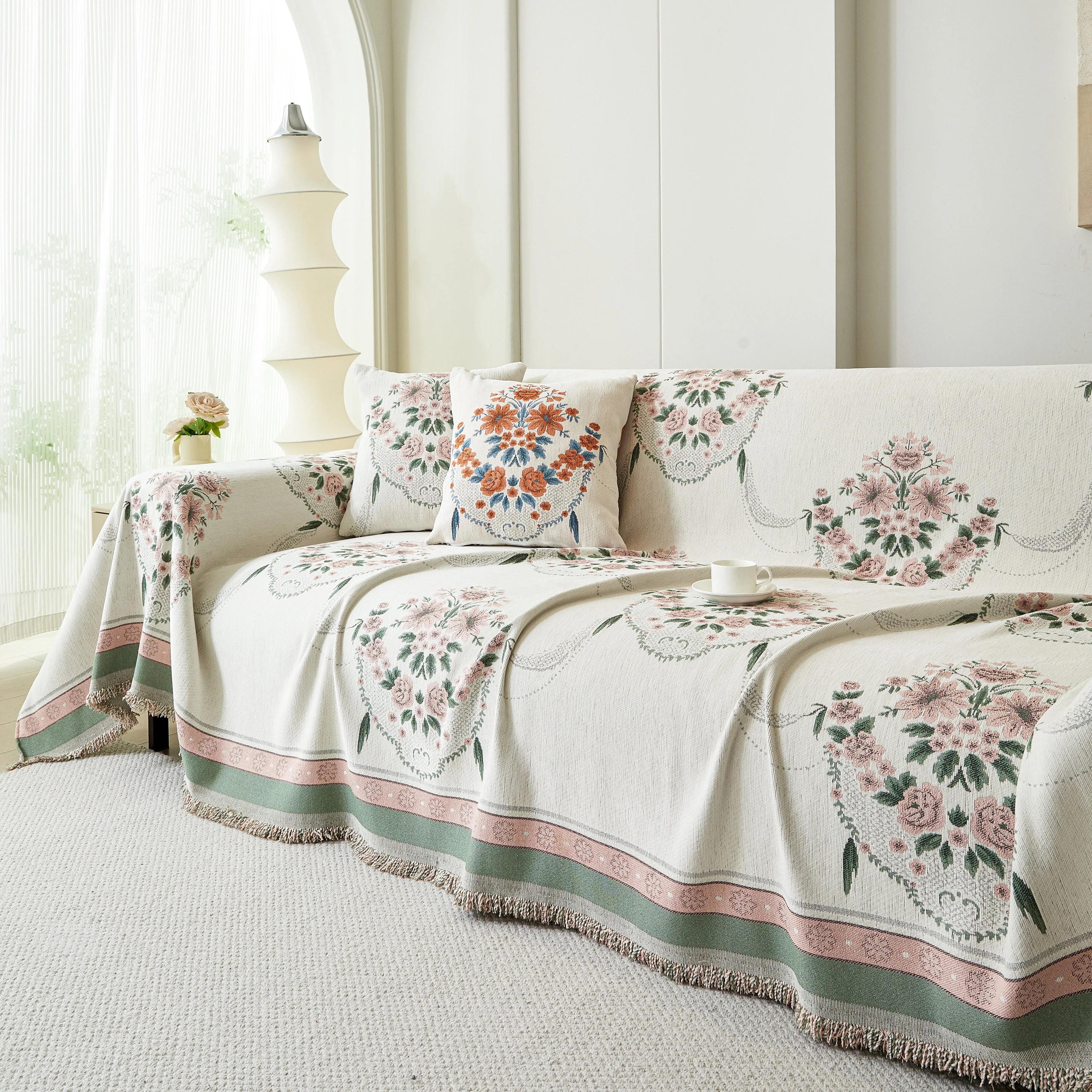 Charming French Country Floral Basket Sofa Throw Cover Rustic Farmhouse-Style Couch Cover Blankets - Image 68