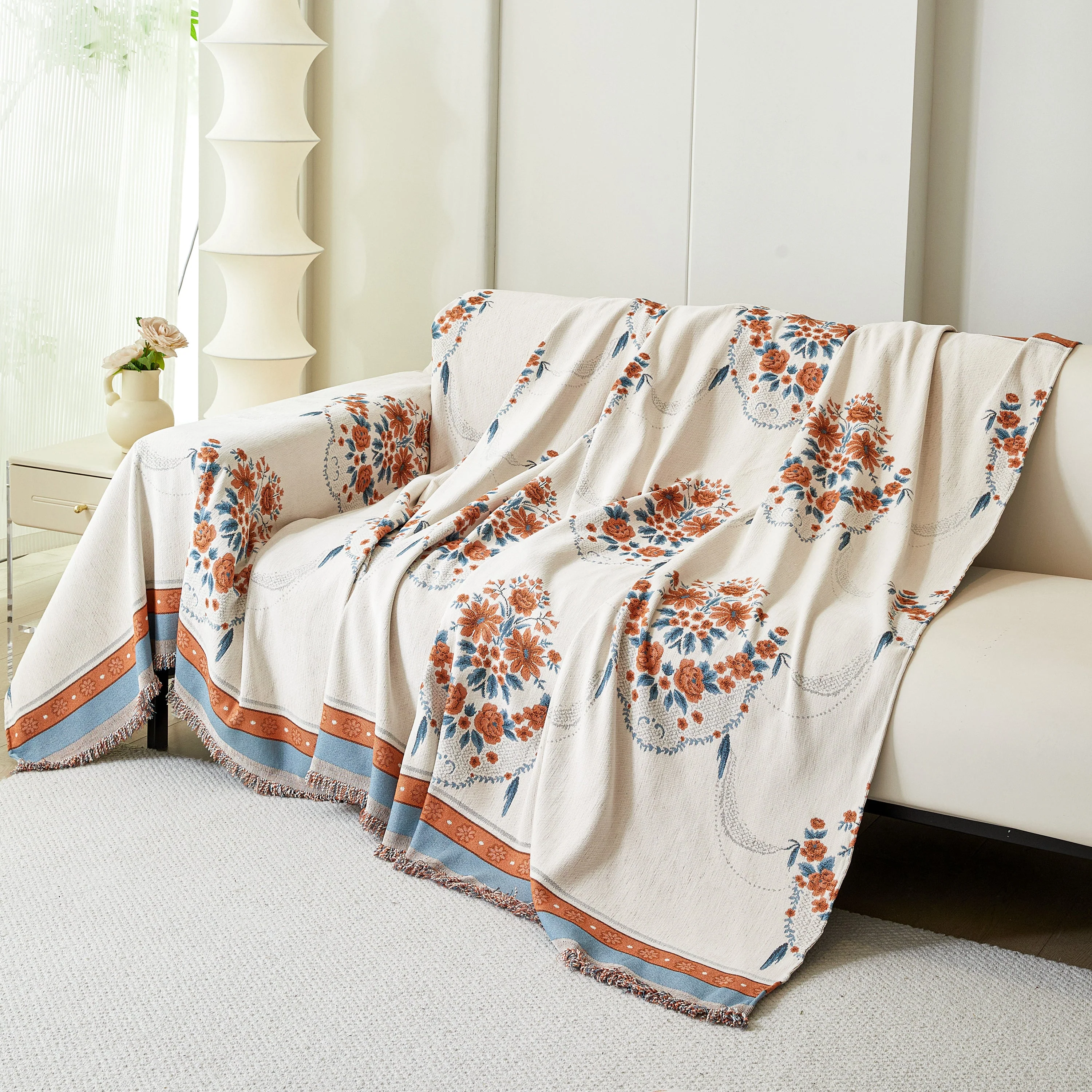 Charming French Country Floral Basket Sofa Throw Cover Rustic Farmhouse-Style Couch Cover Blankets - Image 7