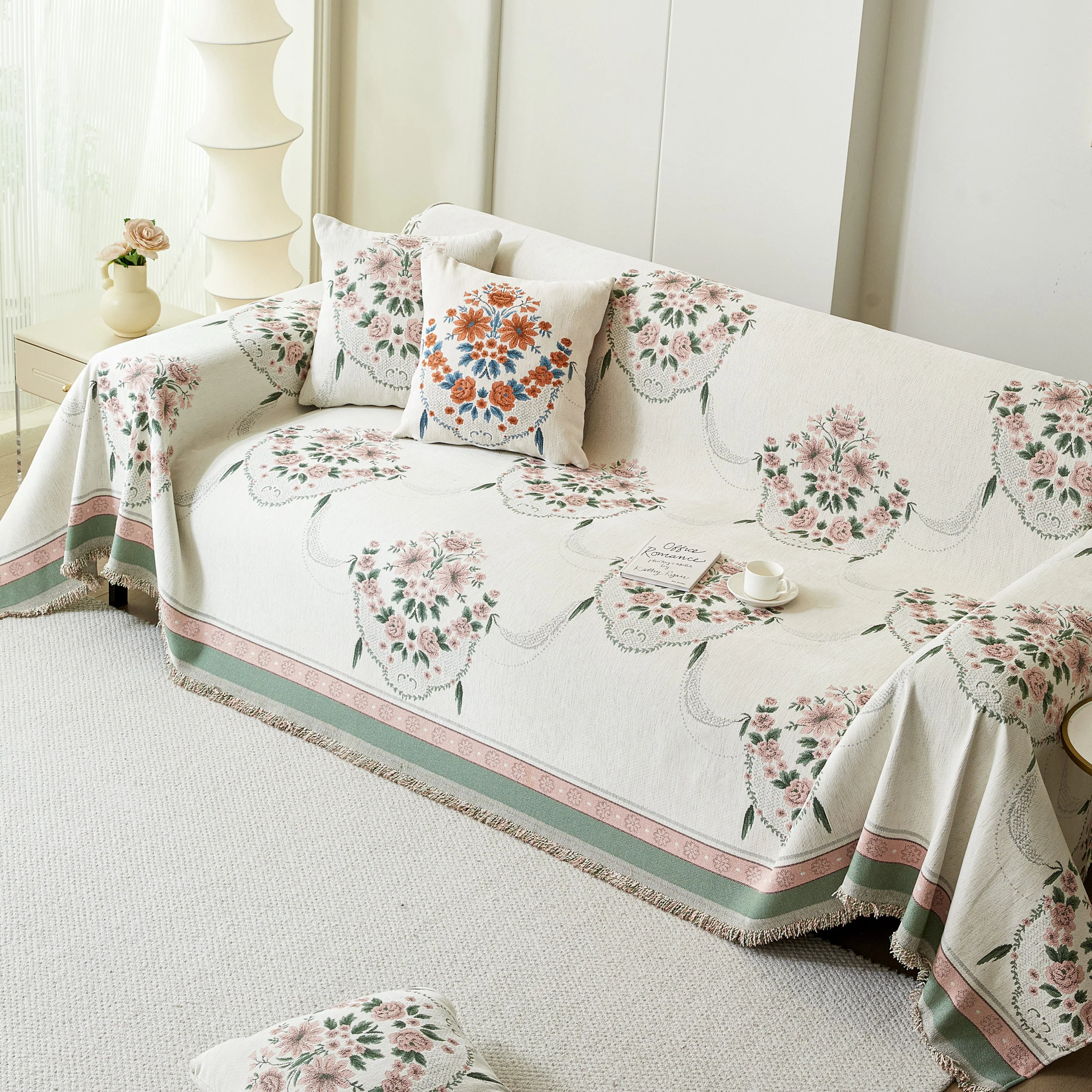 Charming French Country Floral Basket Sofa Throw Cover Rustic Farmhouse-Style Couch Cover Blankets - Image 74